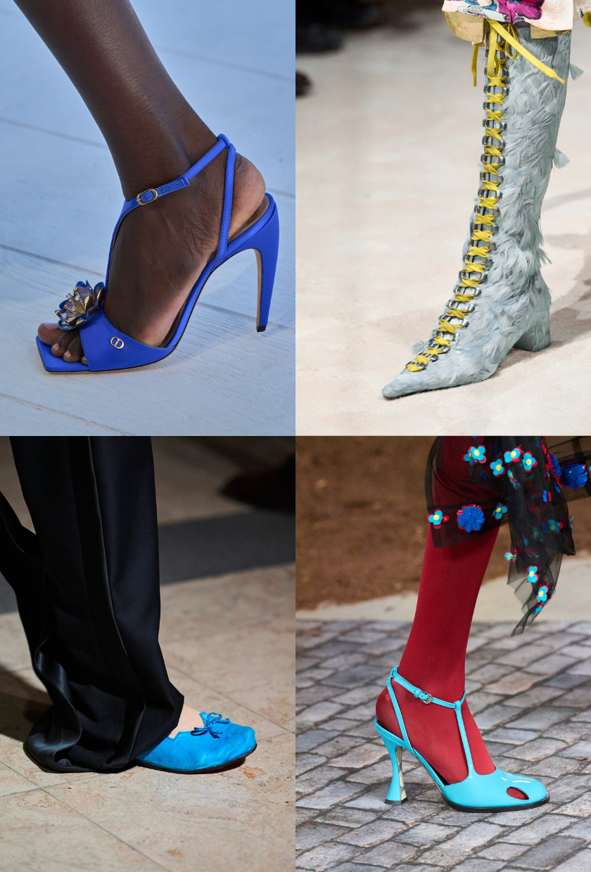 Image shoes one of the autumn shoe colour trends 2026. In the image are differing shades of blue shoes.