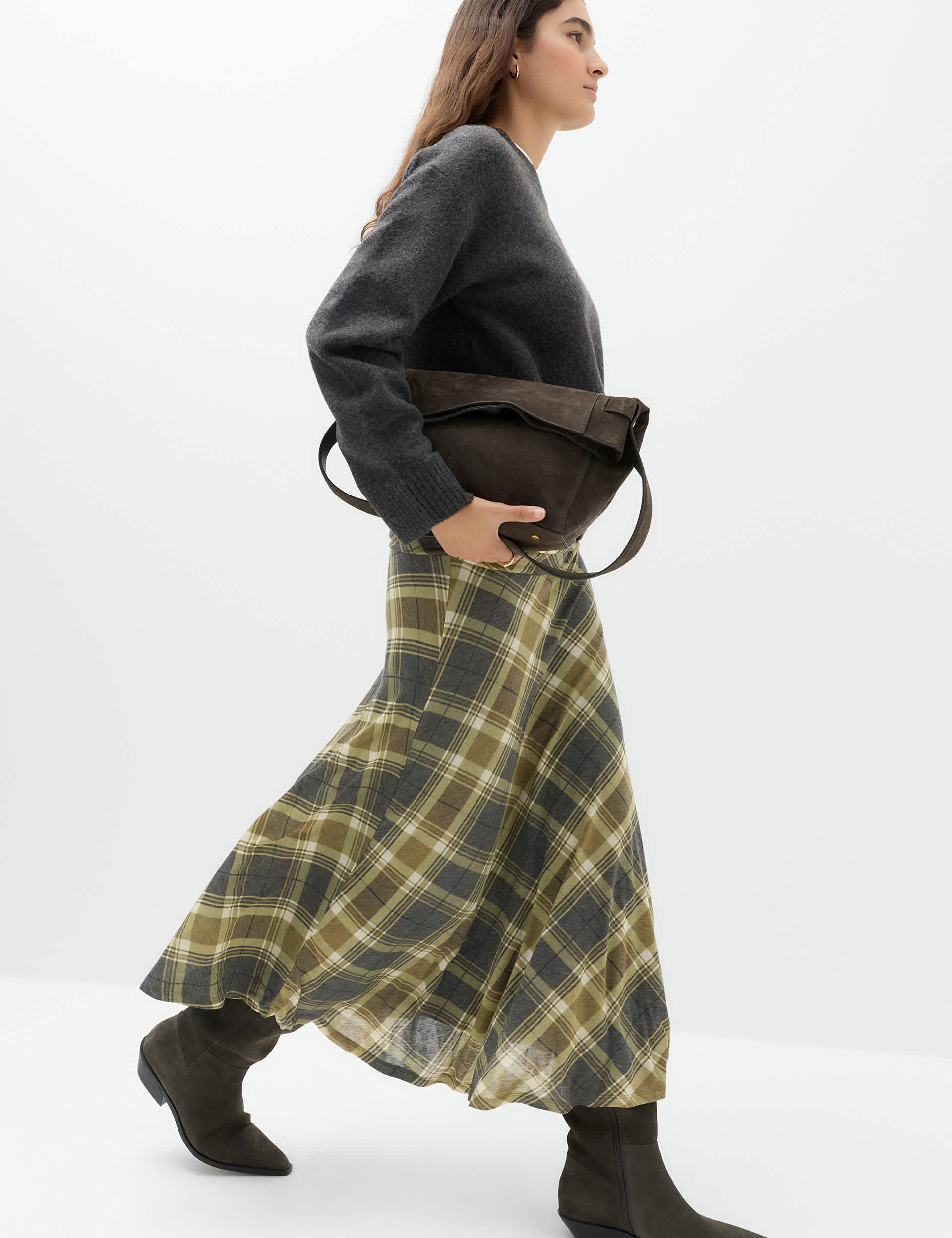 Lyocell Blend Checked Ruched Midi A-Line Skirt