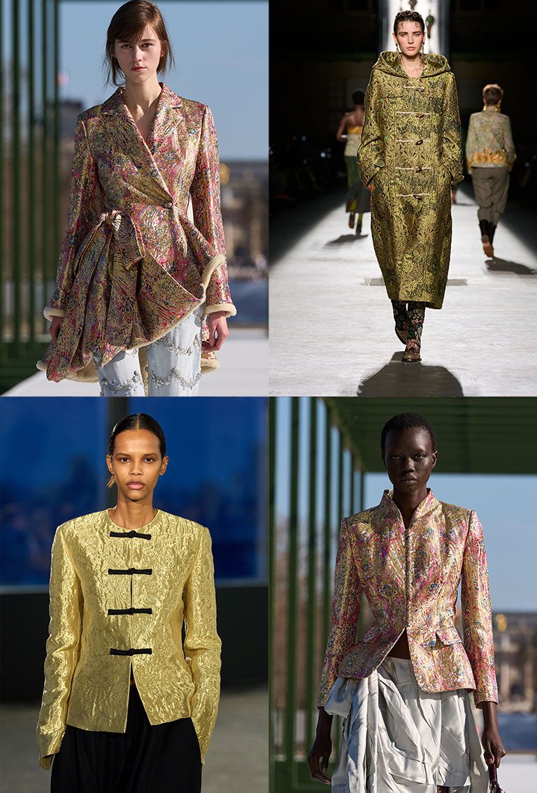 Collage of models in jacquard and brocade jackets on the fall/winter 2026 runways.