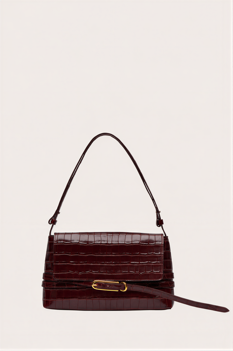 Belted Shoulder Bag Burgundy Croc