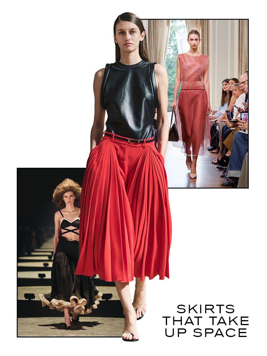Collage of NYFW S/S 27 runway looks, full skirts