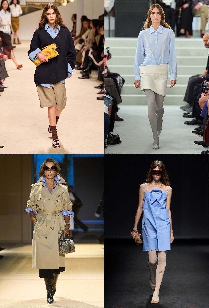 milan SS27 runway trends: collage of models wearing blue shirts