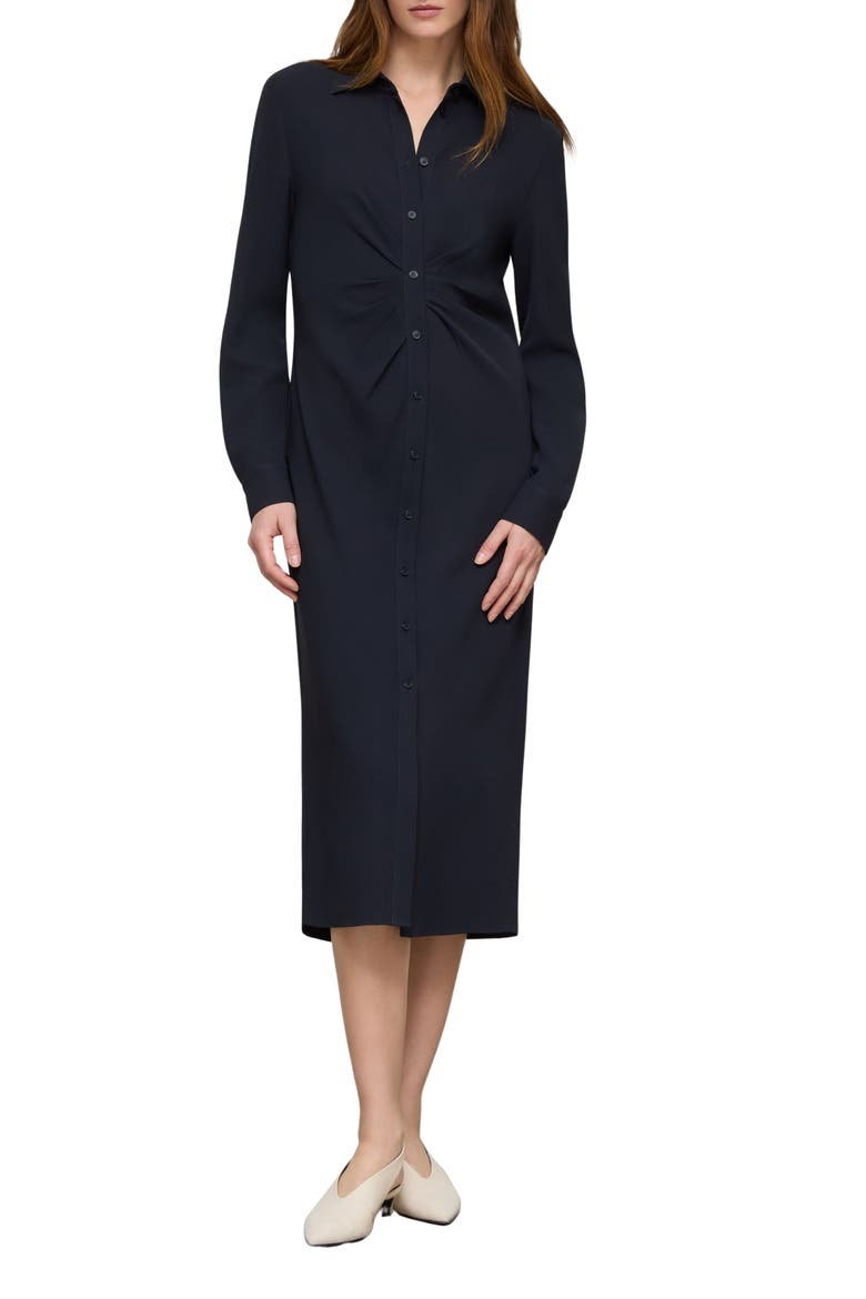 Pleated Waist Long Sleeve Finesse Crepe Shirtdress