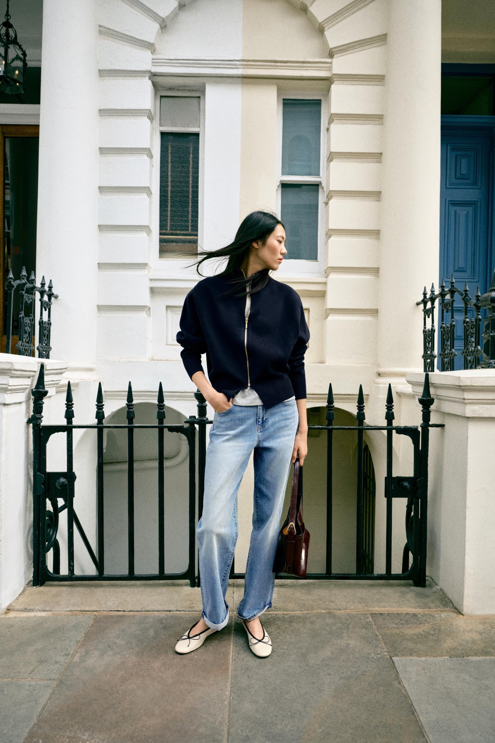 Zip-Up Knit Cardigan - Navy Blue - S