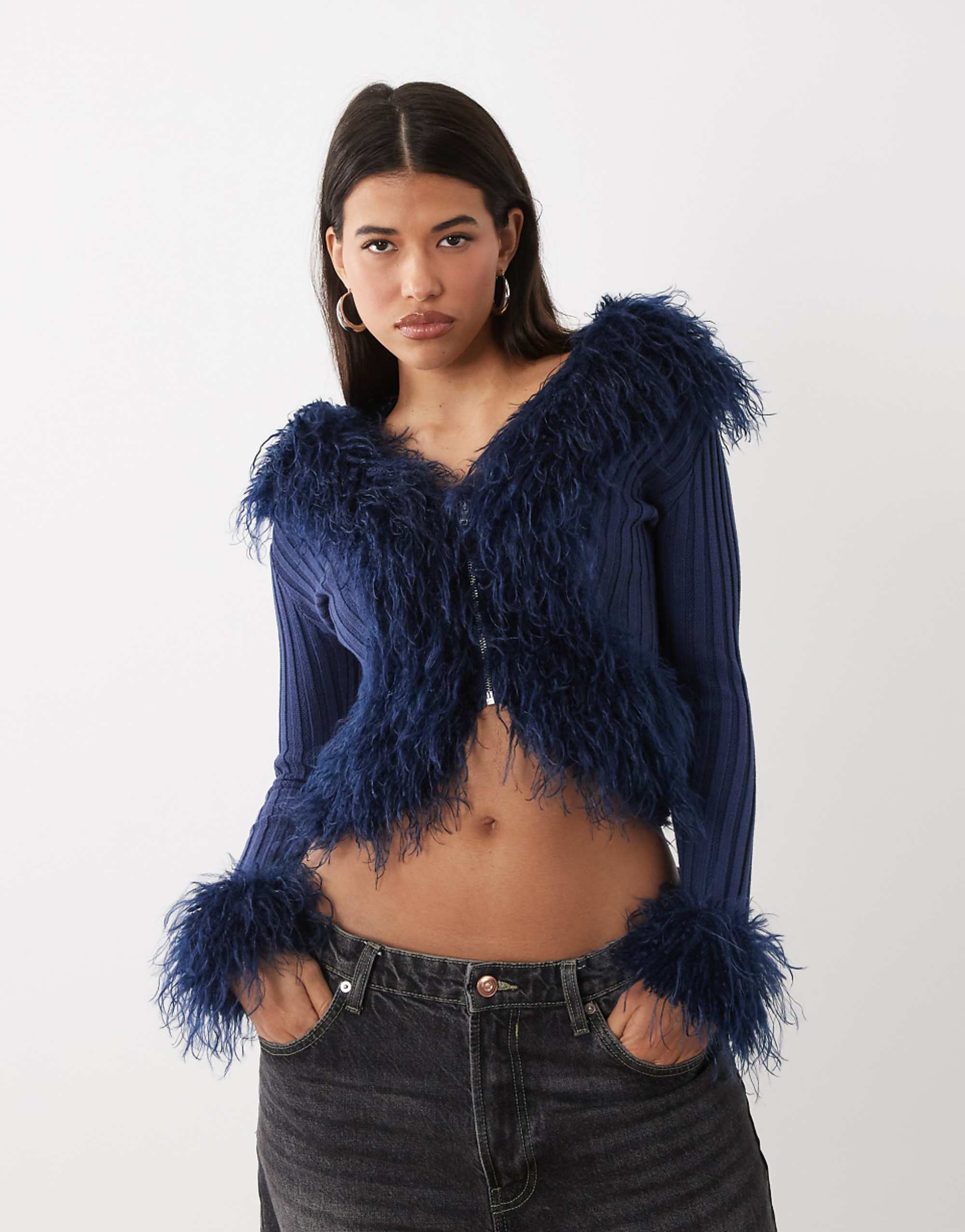 I.am.gia Cressida Compact Knit Shaggy Faux Fur Trim Zip Through Cardigan in Navy