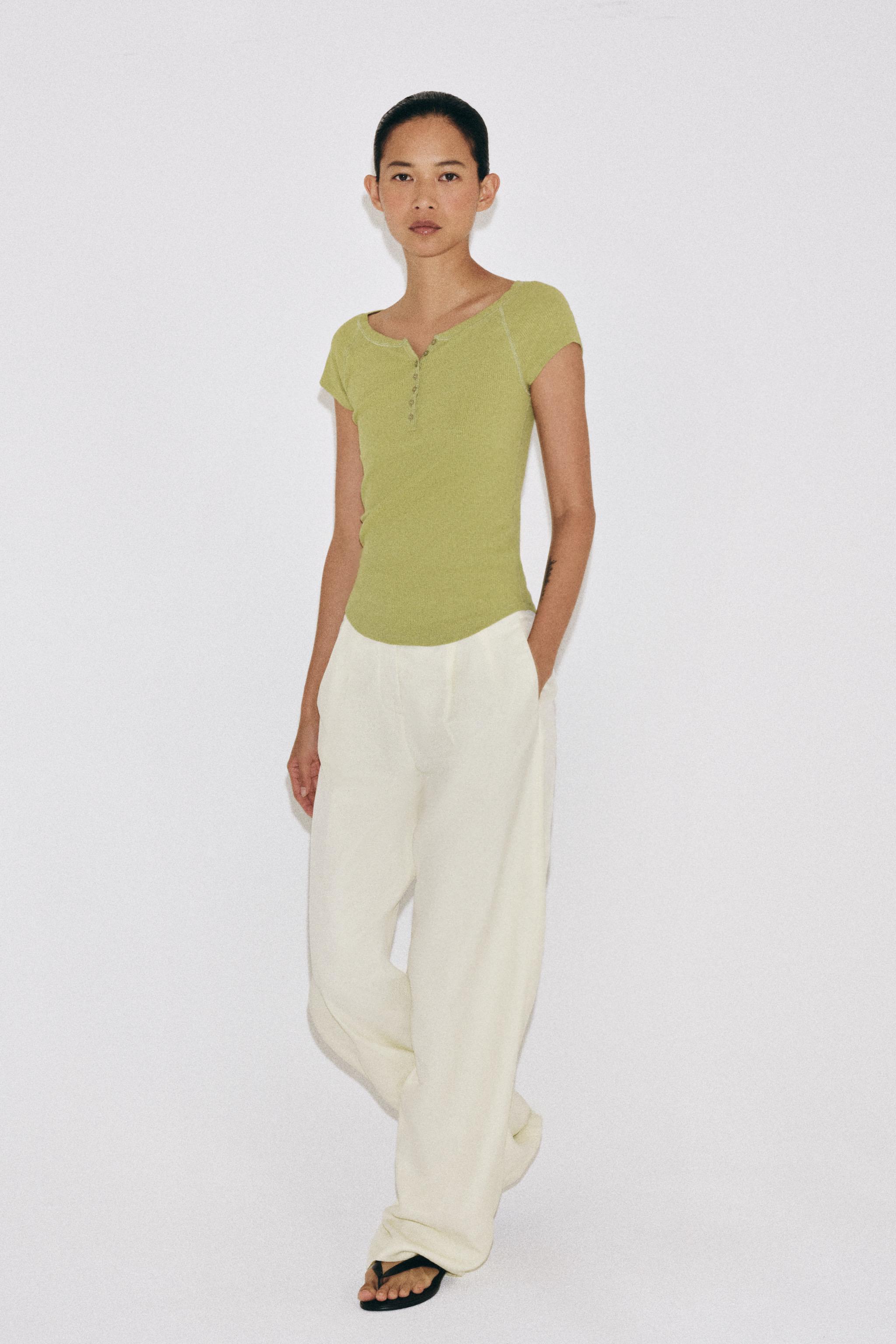 Linen Blend Button-Up T-Shirt - Pistachio - S
