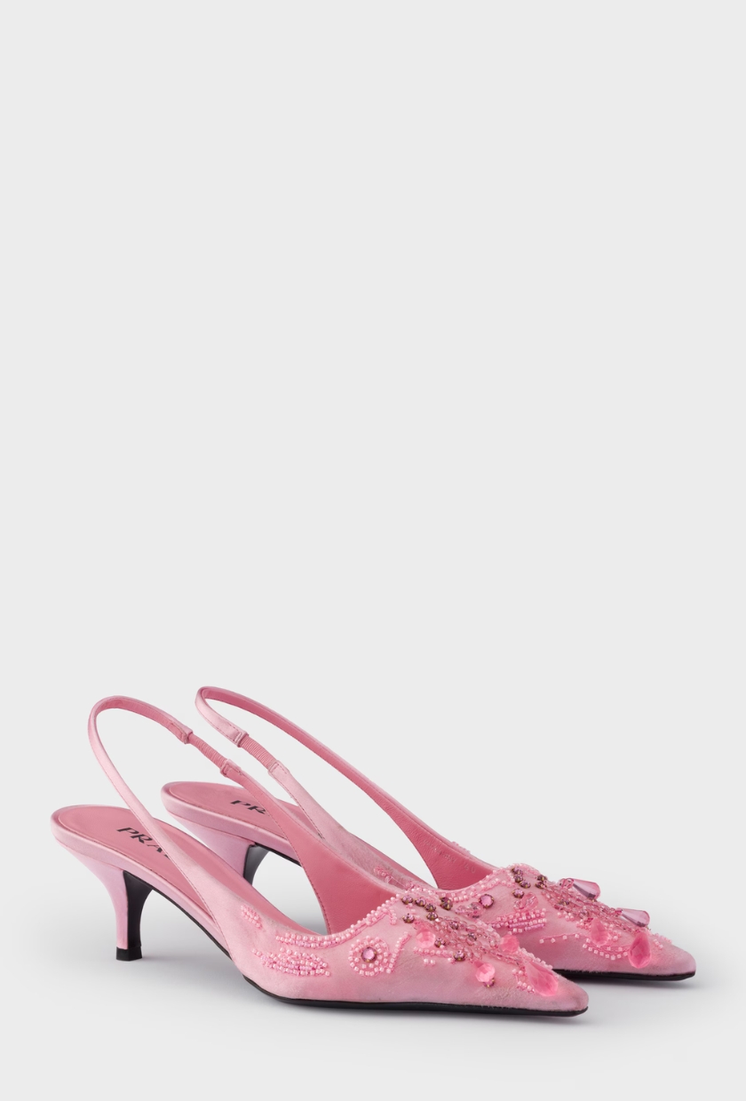 Embroidered Satin Slingback Pumps