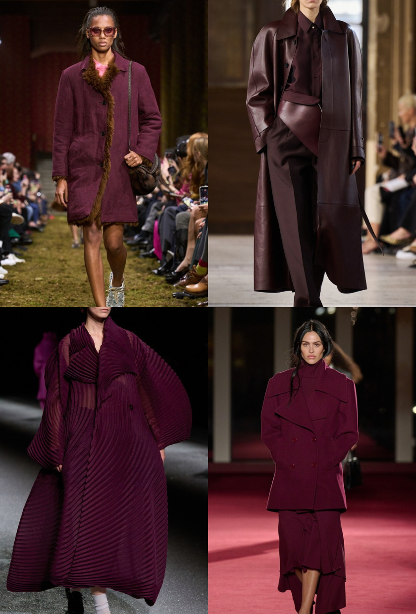 Four images from the autumn/winter 2026 runways featuring coats in a mulberry red shade