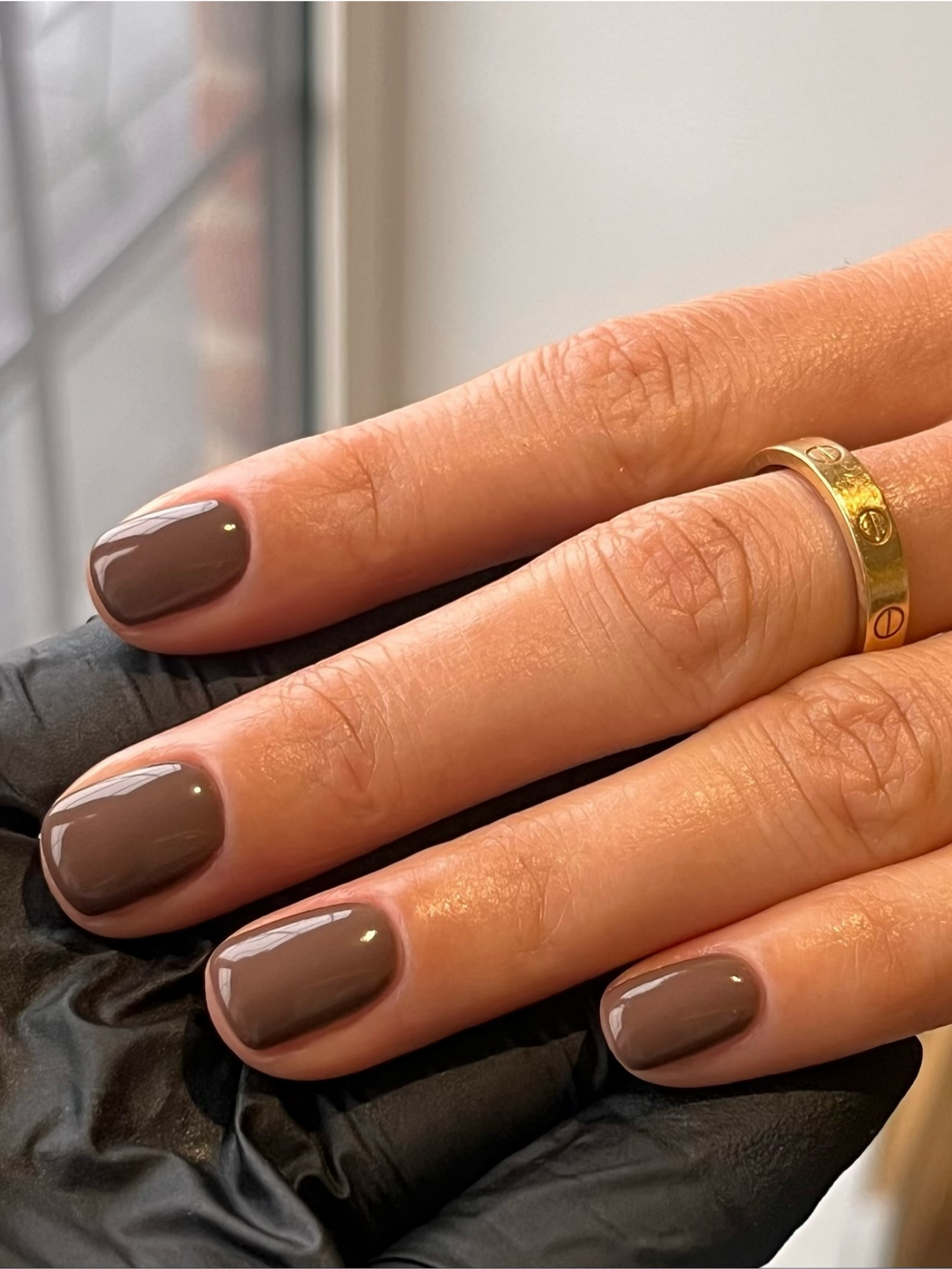 Short nails with a chocolate brown nail polish