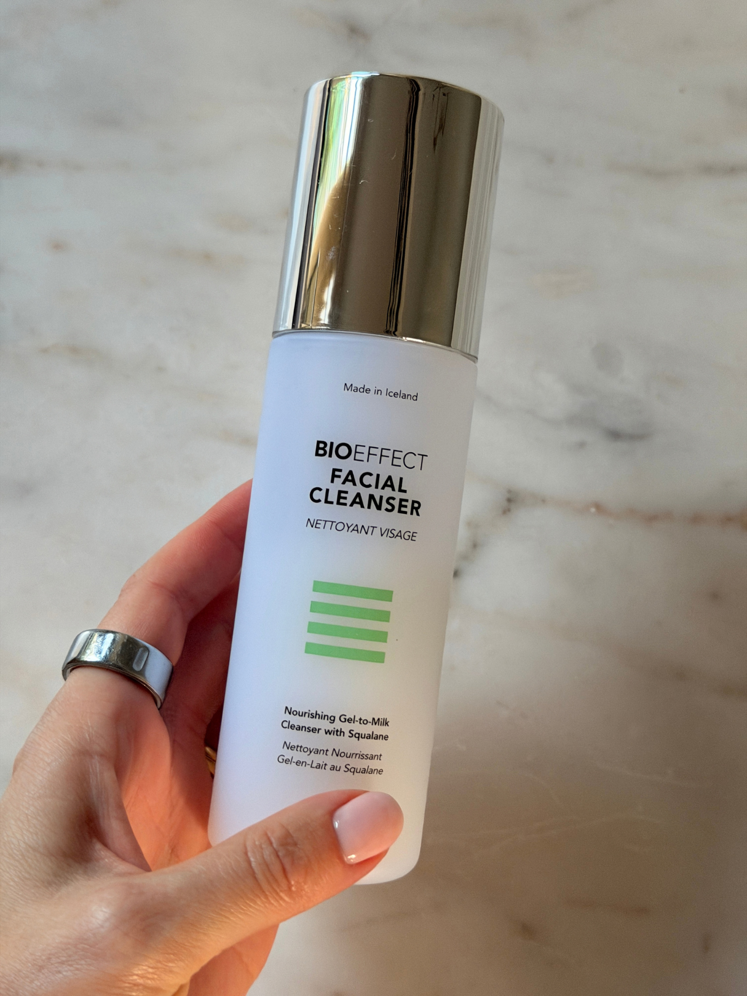 Freelance beauty editor Grace Day holding the Bioeffect cleanser