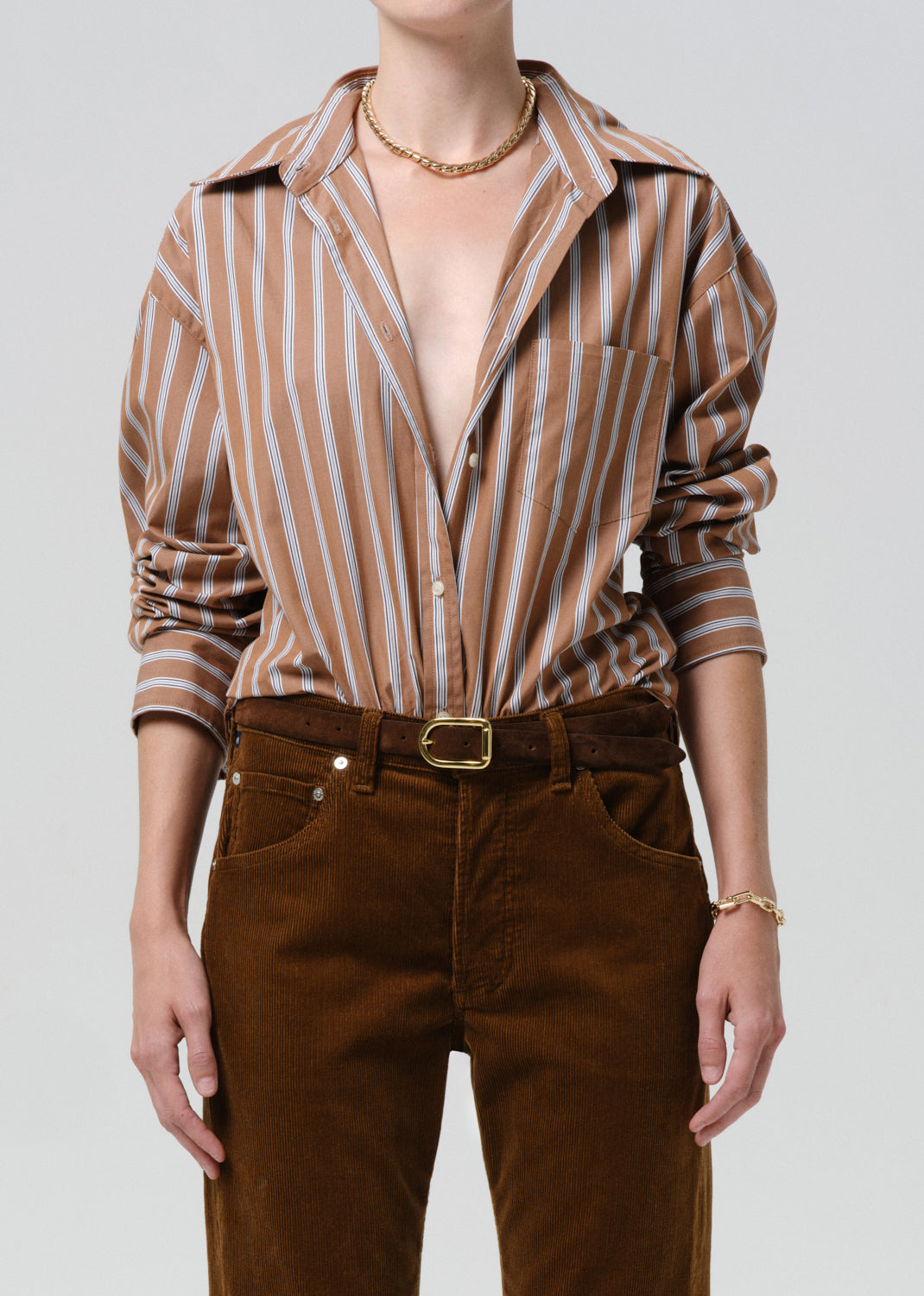 Thea Boyfriend Japanese Poplin Shirt in Copper Stripe - Xs / Copper Stripe