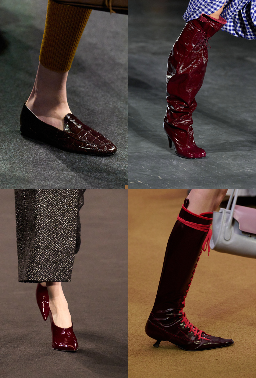 The image shows one of the five autumn shoe colour trends for 2026. All are Bordeaux shoes.