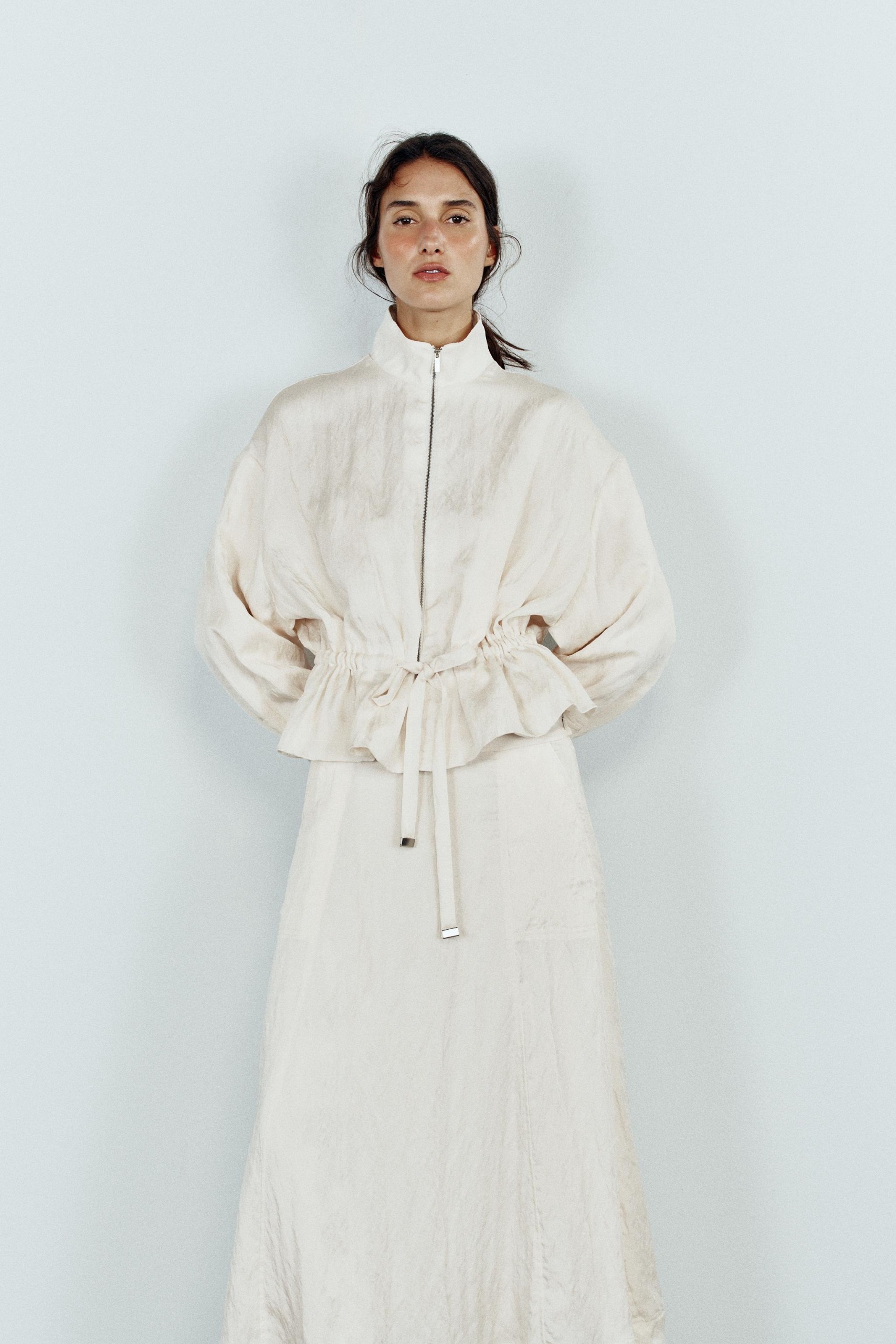 Crumpled Effect Drawstring Bomber Jacket - Ecru - Xs