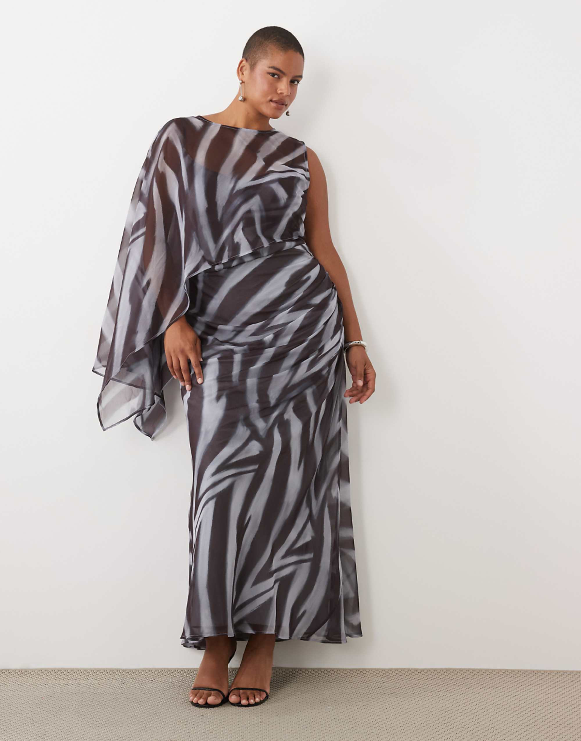 Asos Design Curve Draped Batwing Asymmetric One Sleeve Maxi Dress in Zebra Abstract Stripe