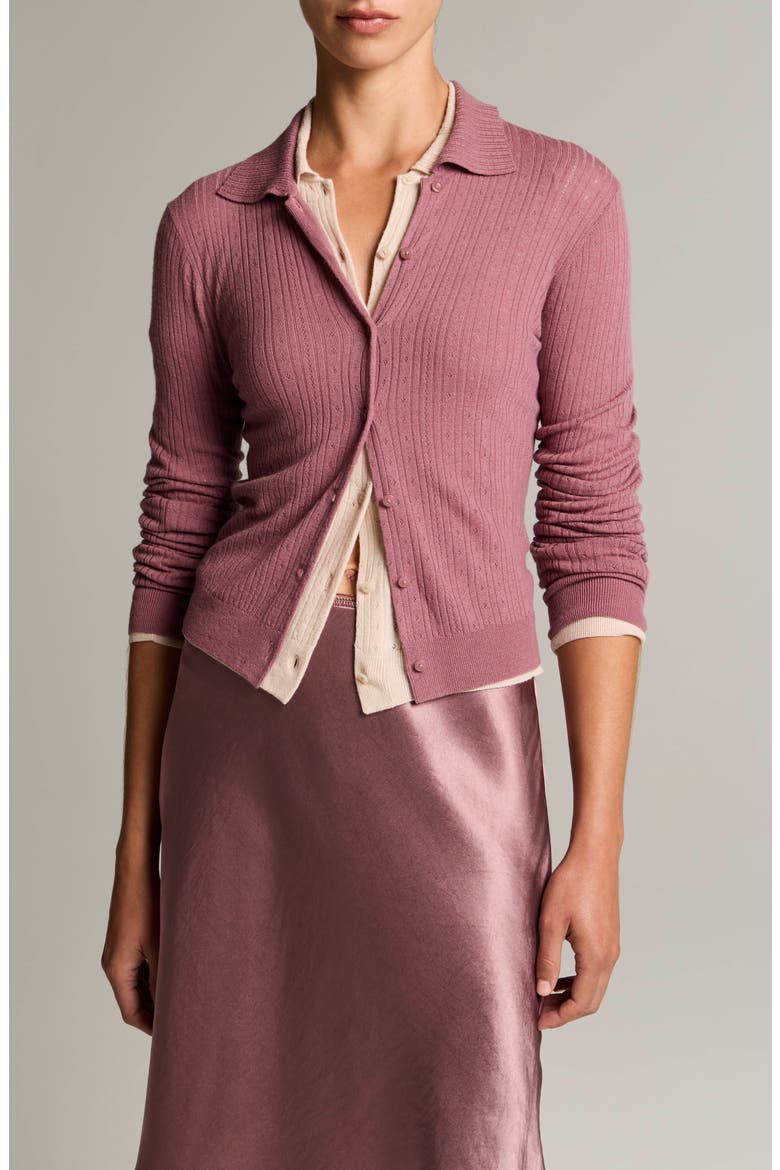 Pointelle Knit Wool Collared Cardigan