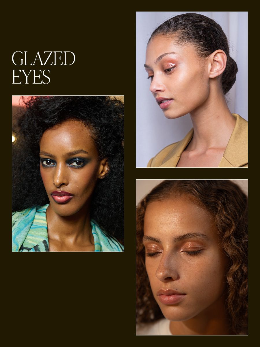 Collage of glazed eyes NYFW beauty trend.