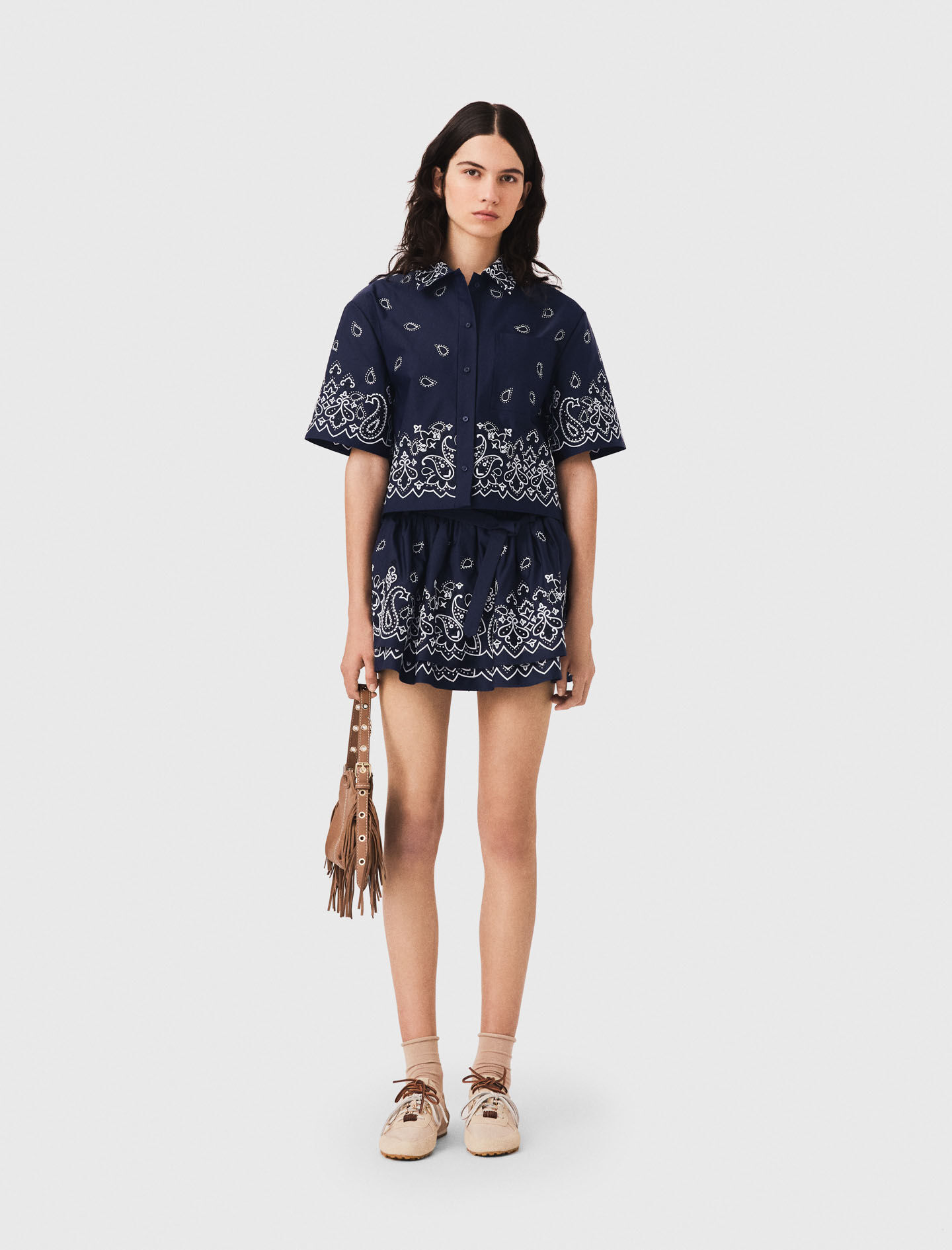 Cropped Embroidered Bandana Print Shirt