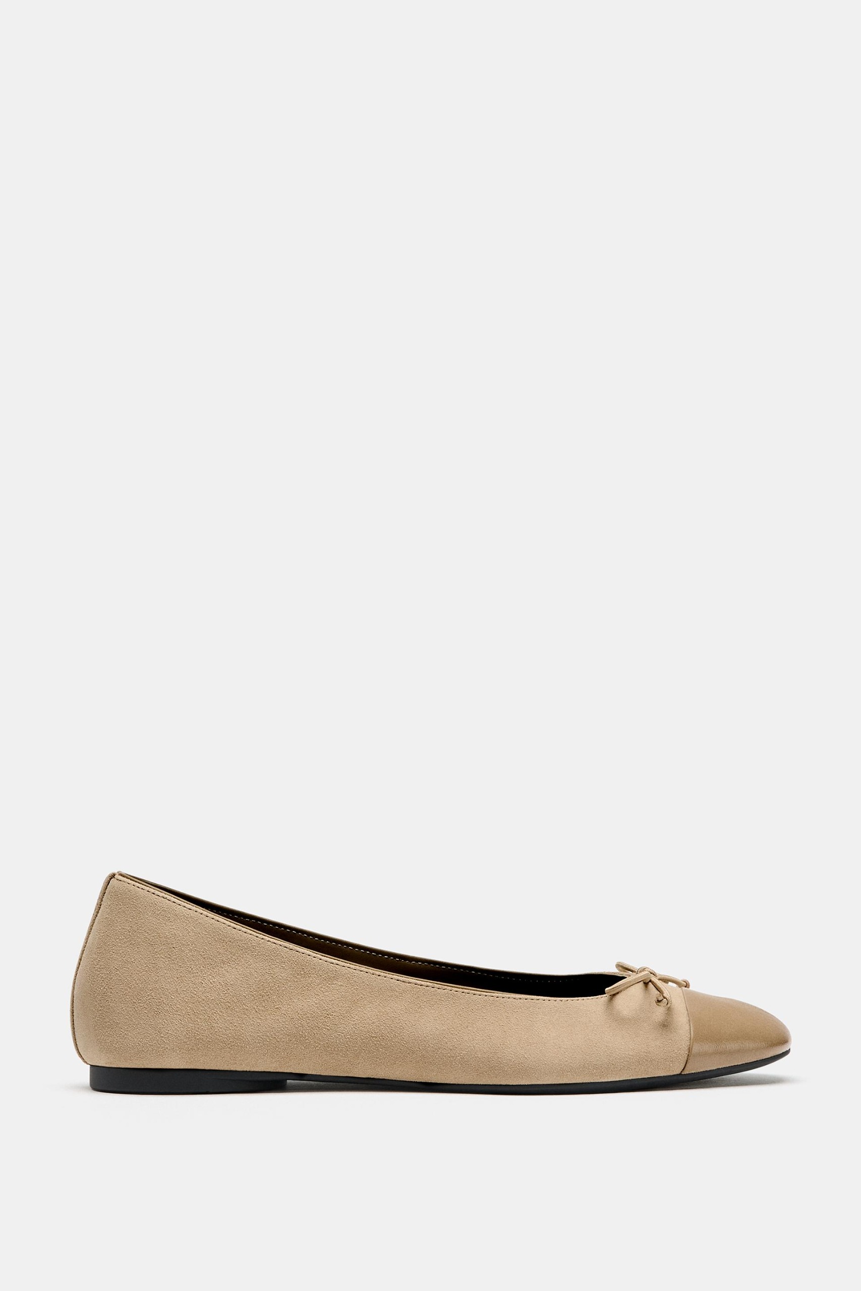 Contrast Leather Ballet Flats - Beige - 2