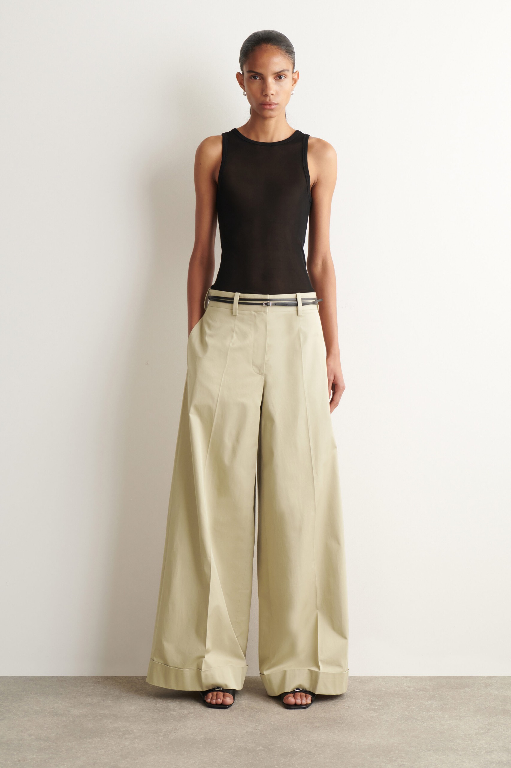 Cotton-Twill Wide-Leg Turn-Up Trousers