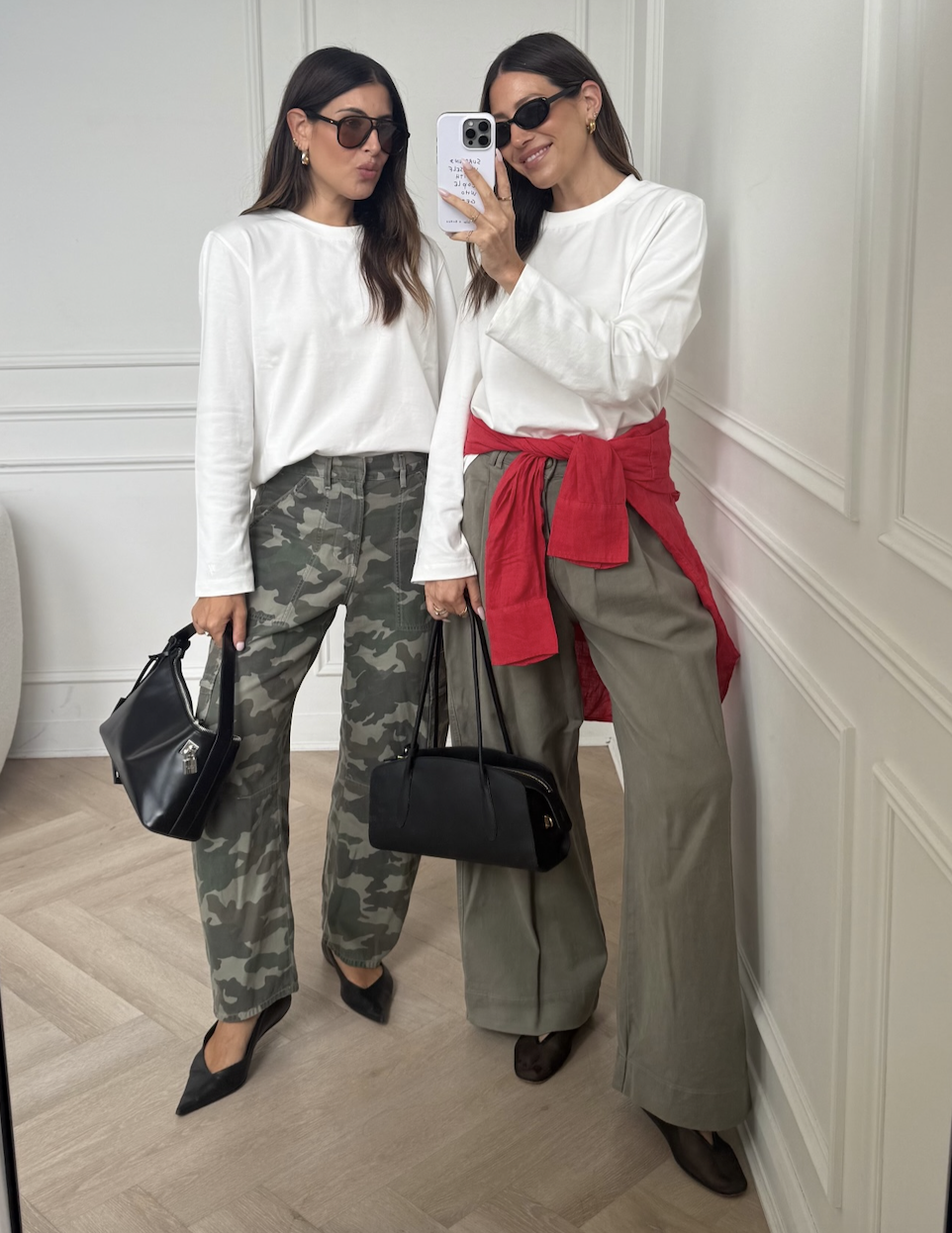 A woman wearing a camo-pant outfit in 2026.