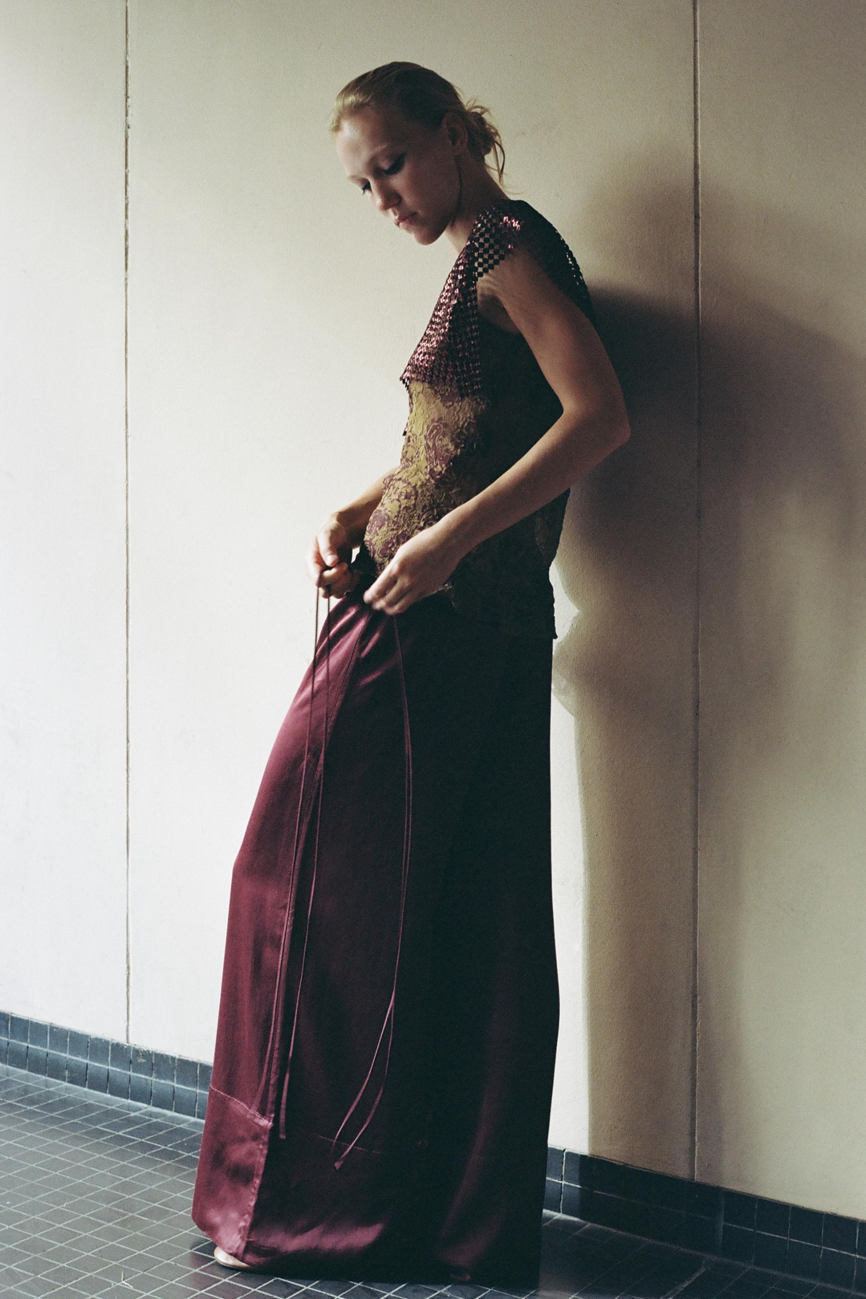 Double-Waist Volume Trousers - Wine - Xs