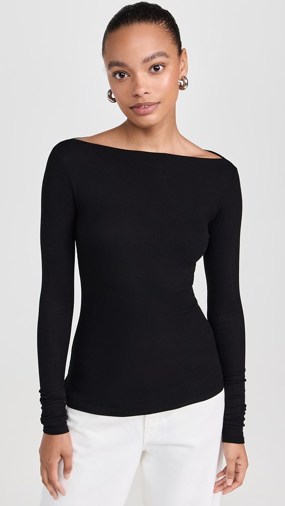 Silk Knit Boat Neck Top - Black