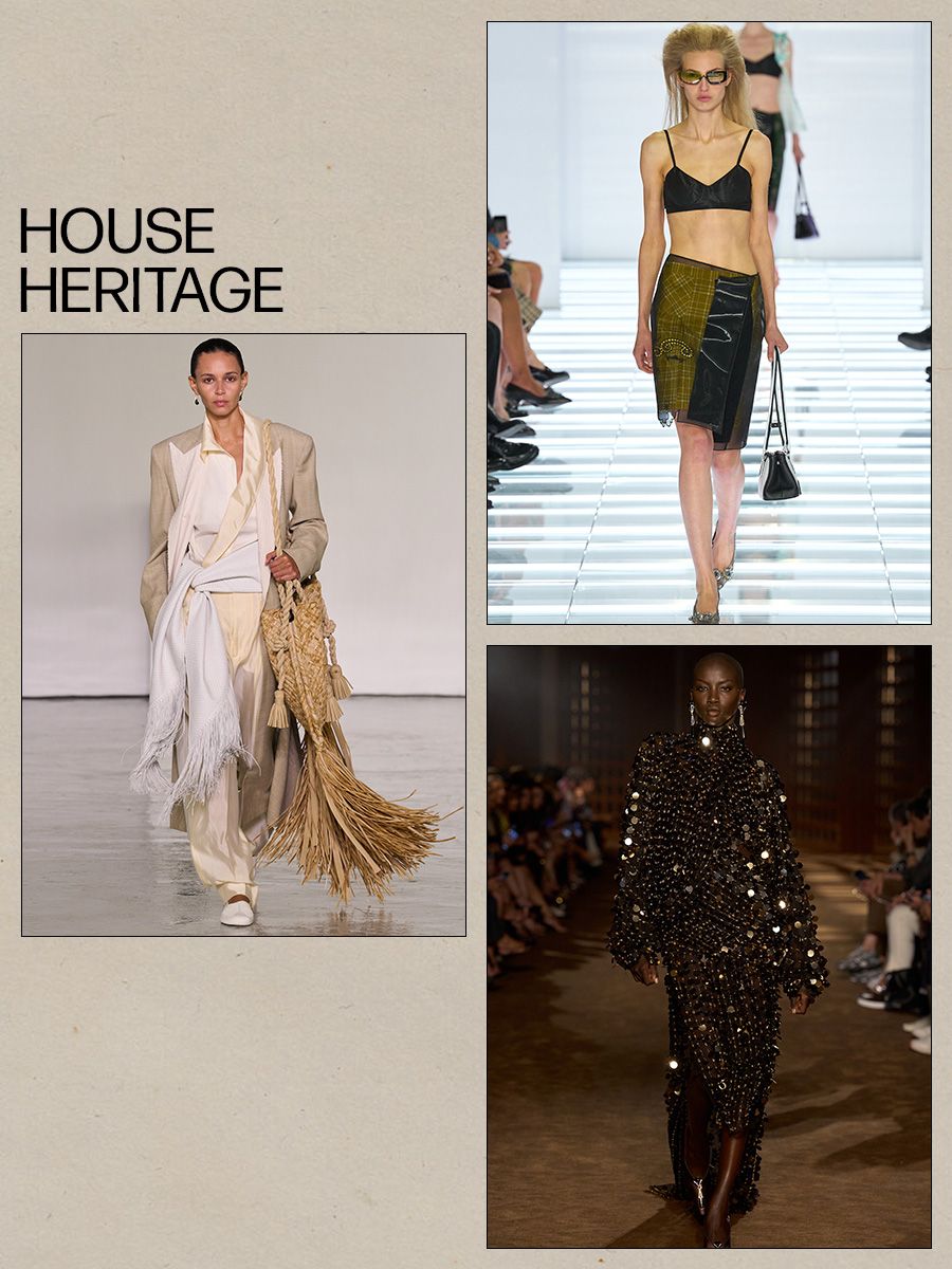 a collage of runway images of the major trends from the Milan Fashion Week spring/summer 2027 shows