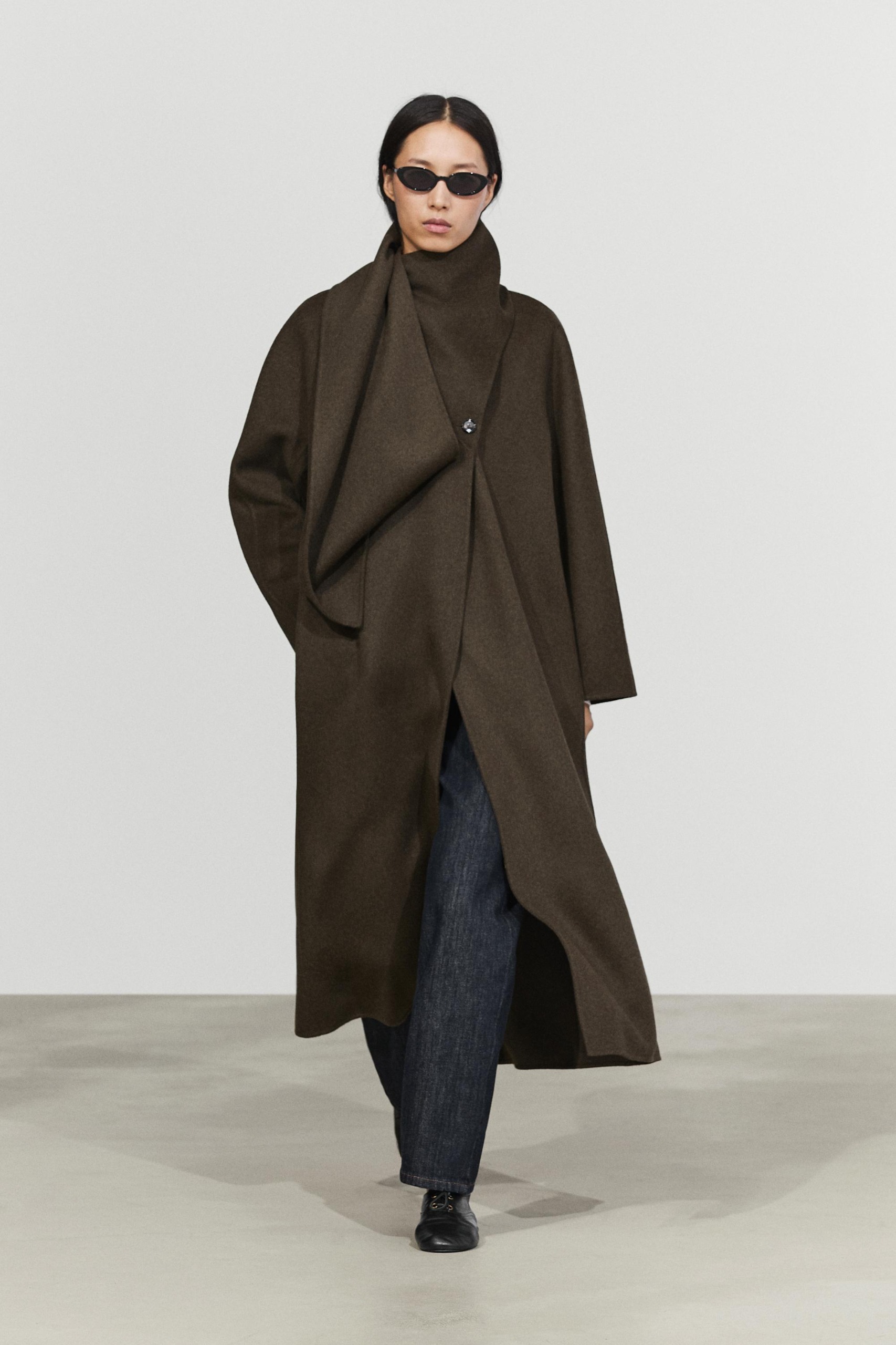 Long Coat With Scarf and Suede Detail
