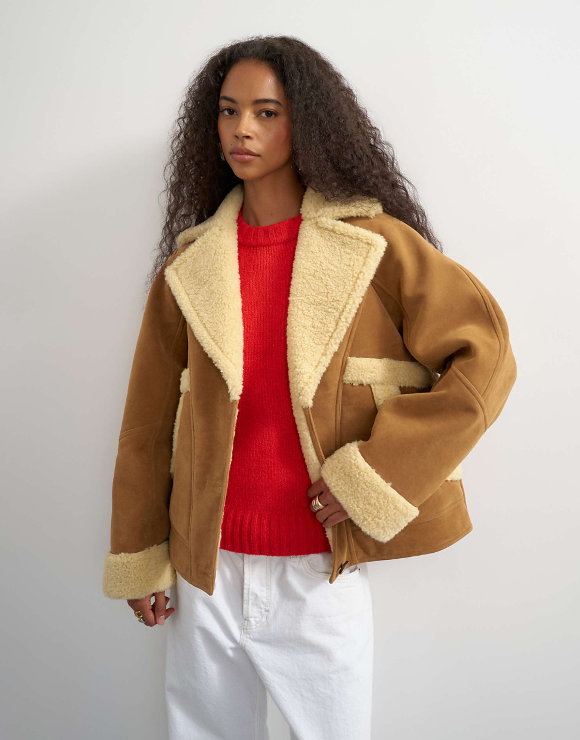 Topshop Super Oversized Faux Shearling Short Jacket in Beige