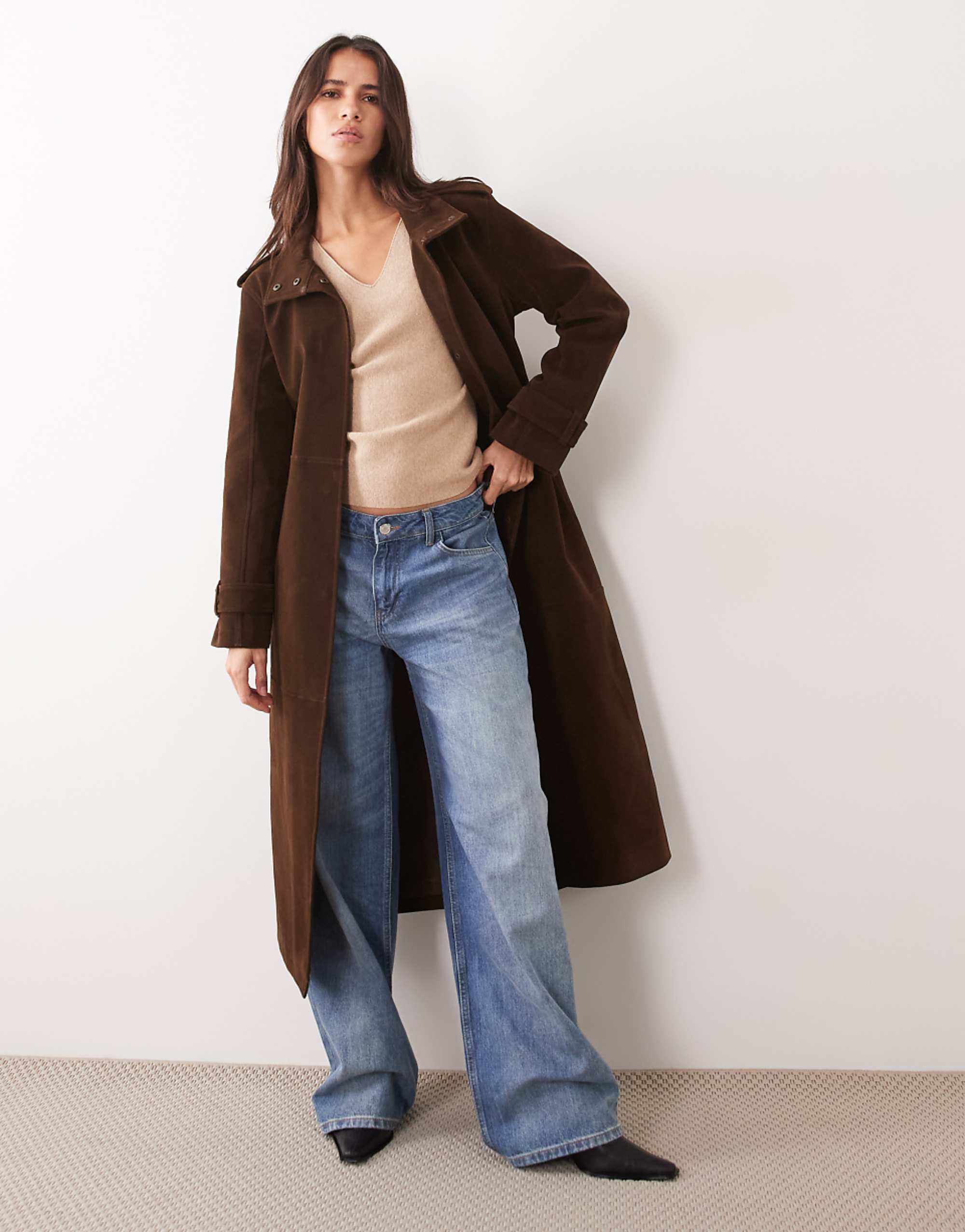 Abercrombie & Fitch Faux Suede Funnel Neck Belted Trench Coat in Brown