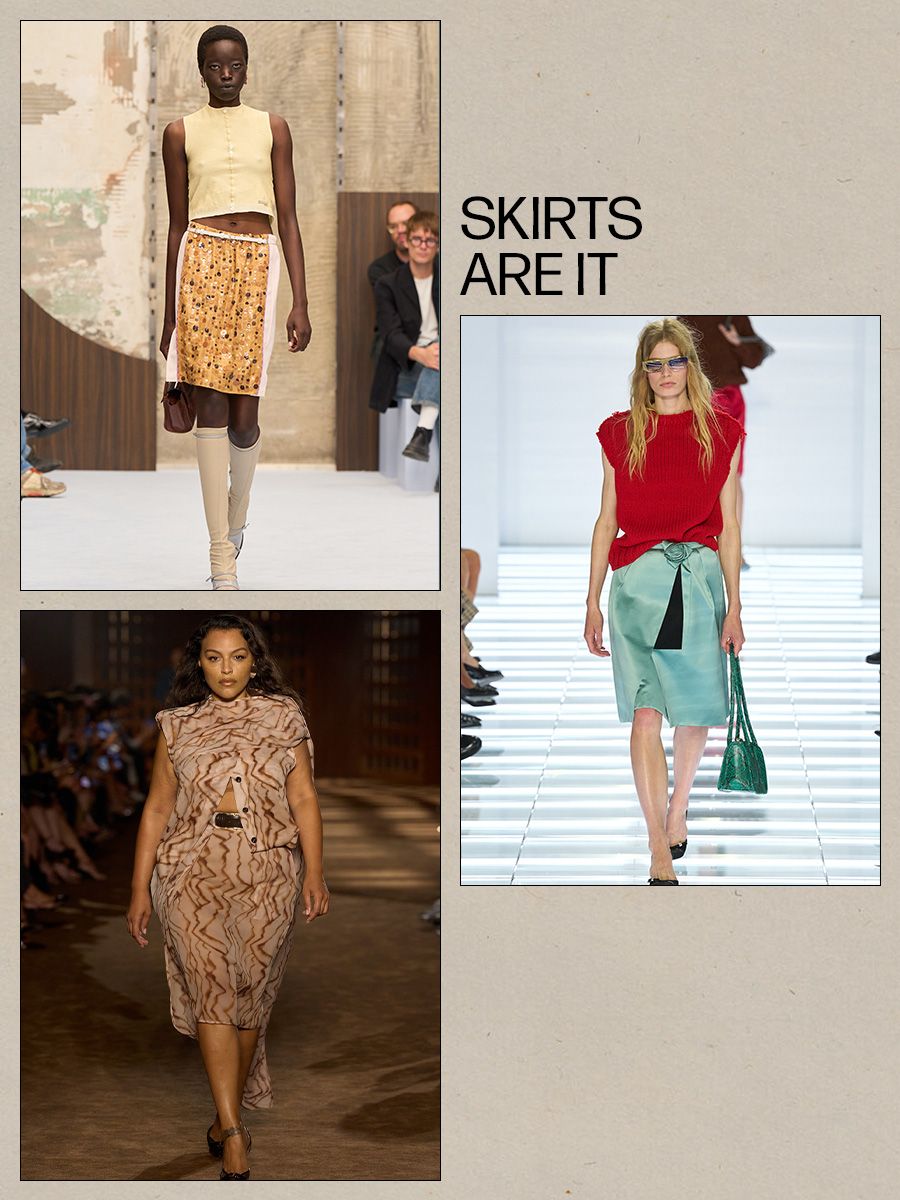 a collage of runway images of the major trends from the Milan Fashion Week spring/summer 2027 shows