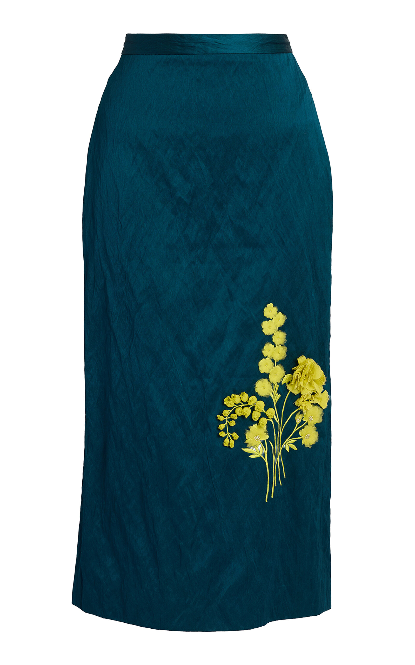 Floral Embroidered Satin Midi Skirt
