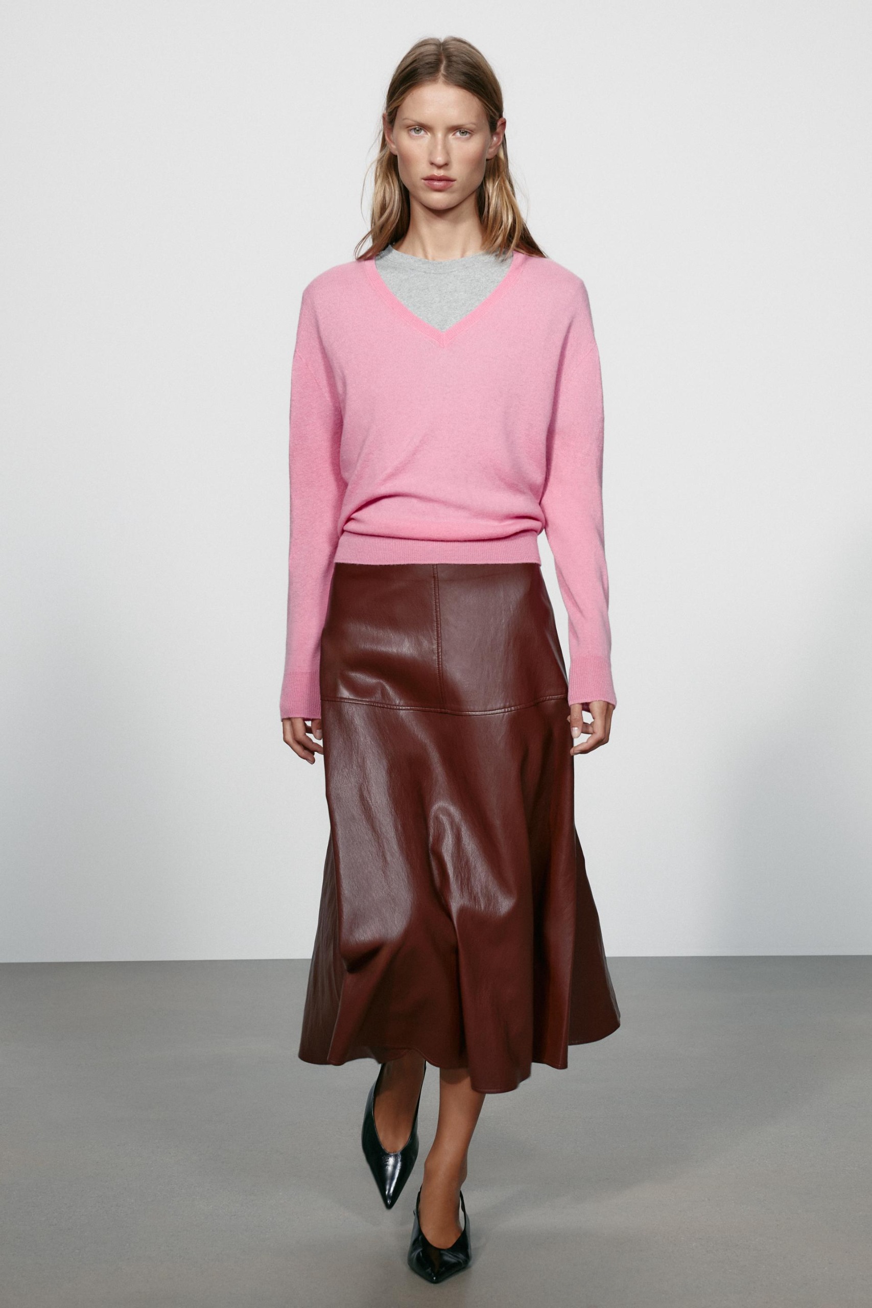 Leather-Effect Layered Midi Skirt - Burgundy - Xs