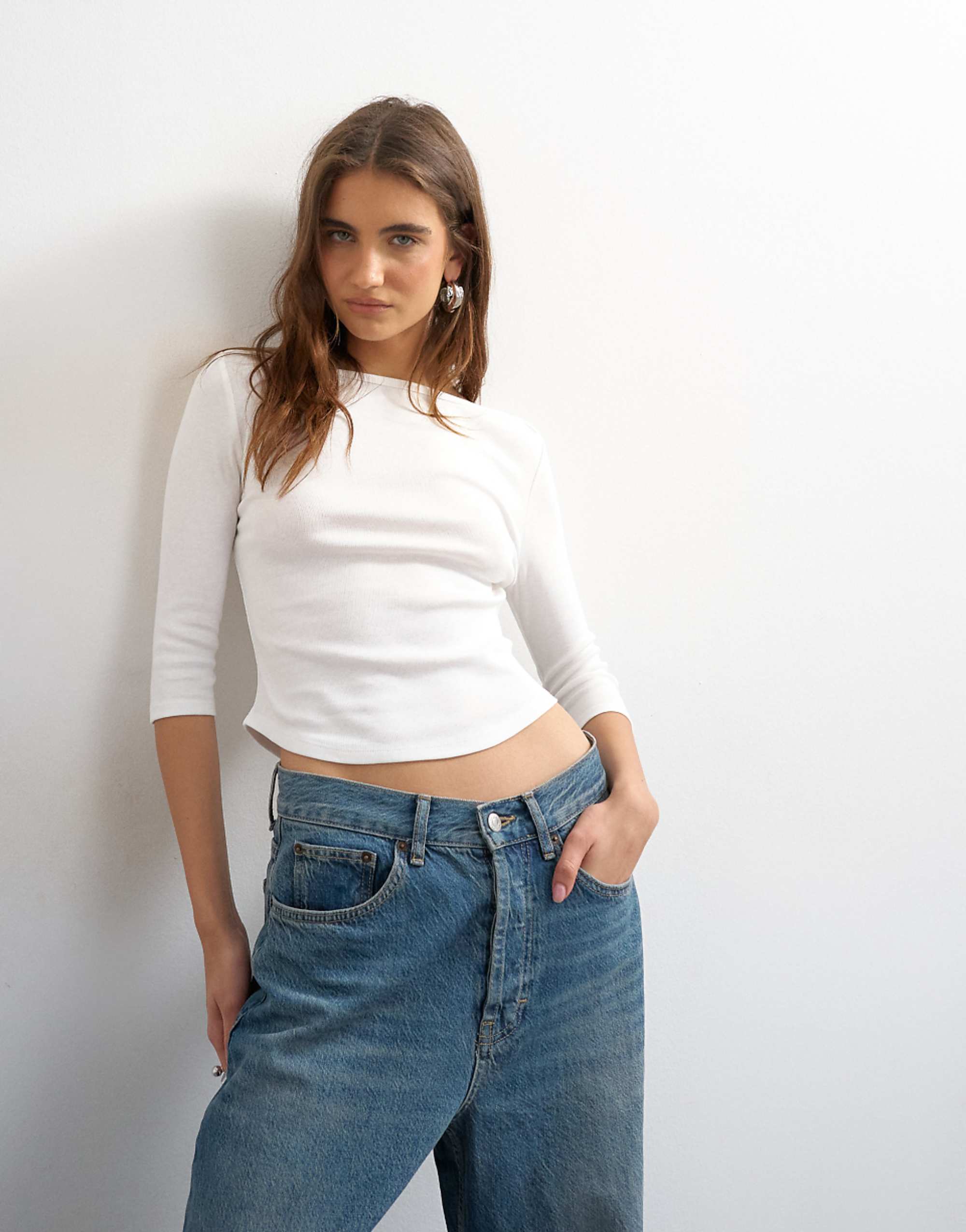 Topshop Slash Neck Curved Hem Top in White