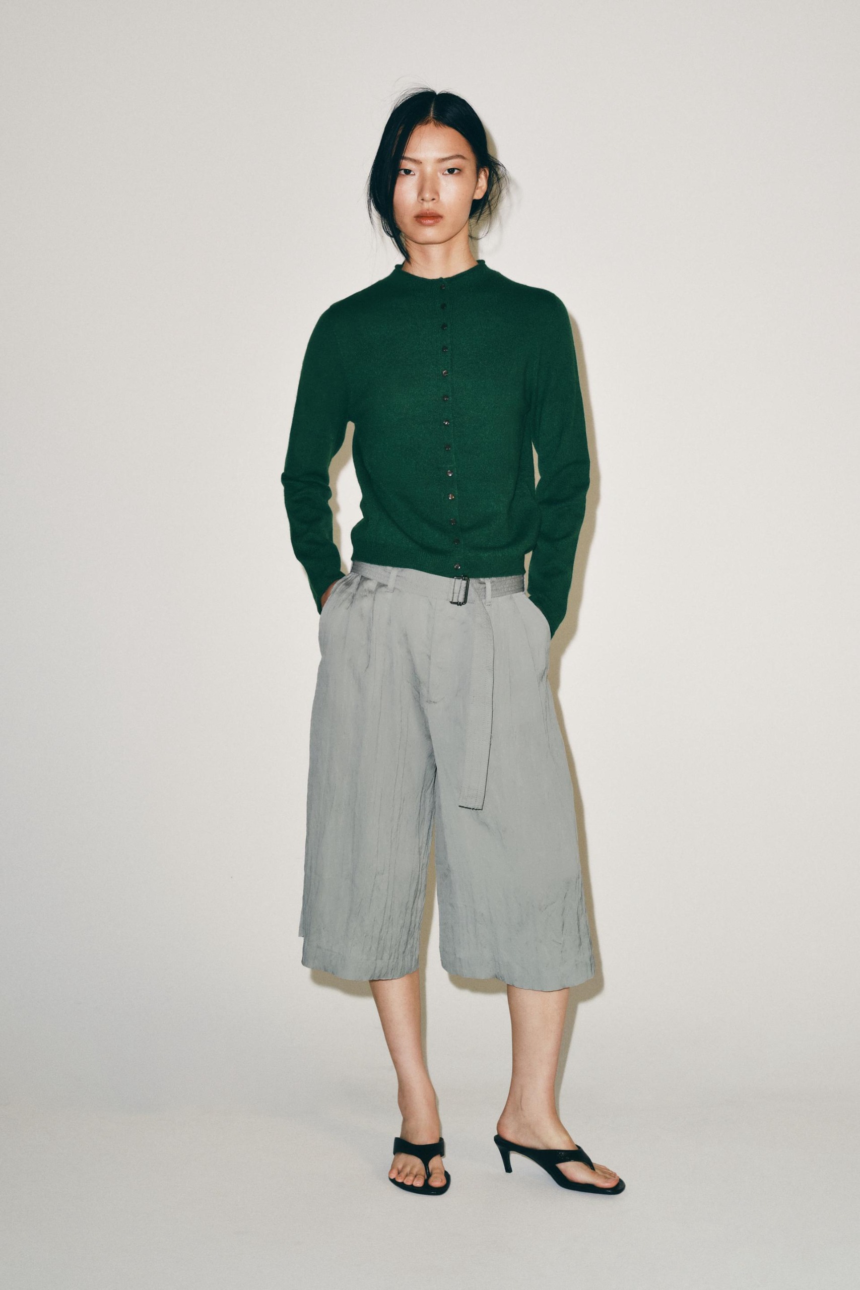 100% Cashmere Mock Neck Cardigan - Green - S