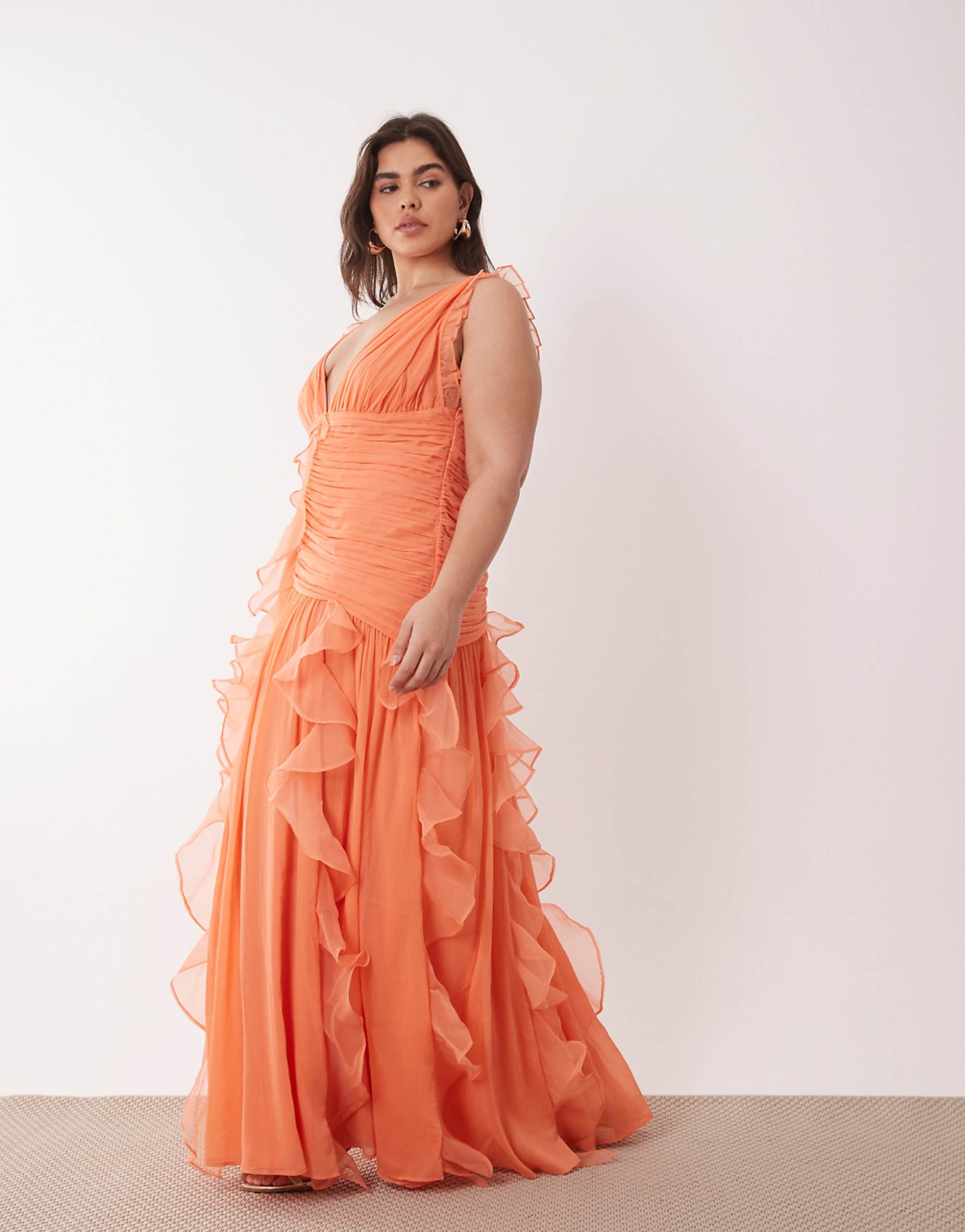 Asos Luxe Curve Ruched Maxi Dress With Waterfall Detailing in Coral