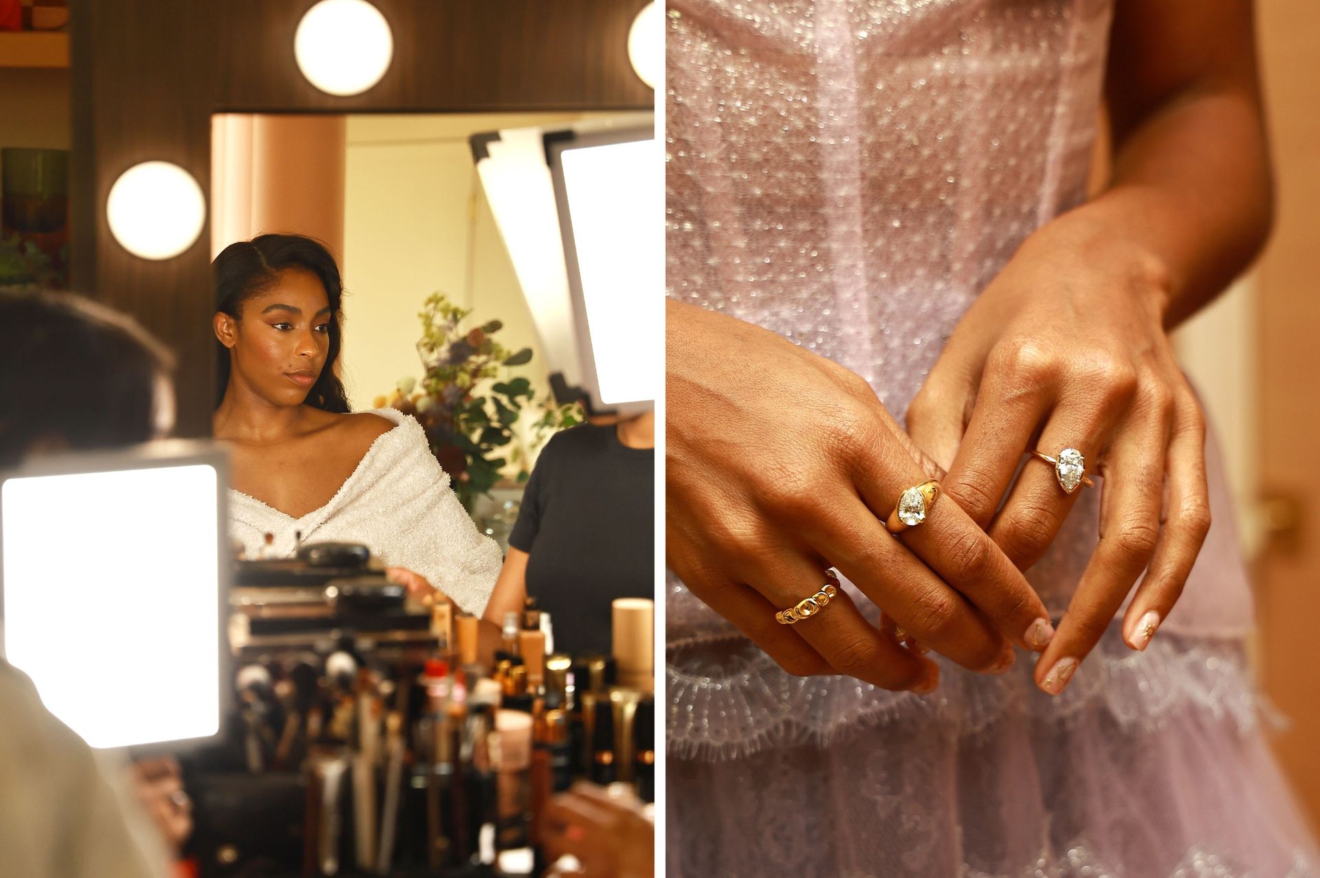 Left: Jessica Williams sitting in the glam chair with makeup products lined up in front of her. Right: Close-up of Williams's hands showing off her rings.