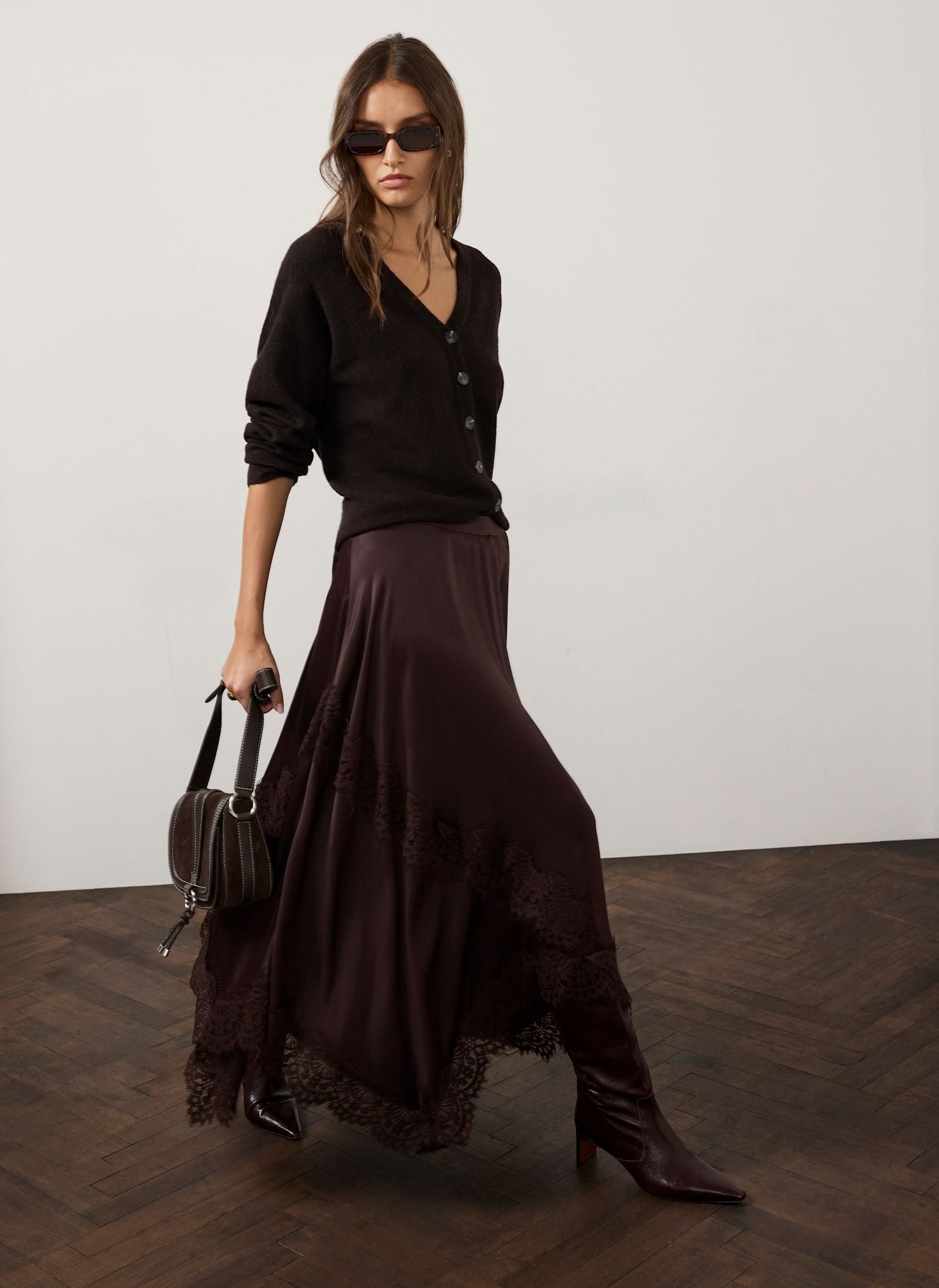 Brown Satin Lace Trim Midi Skirt