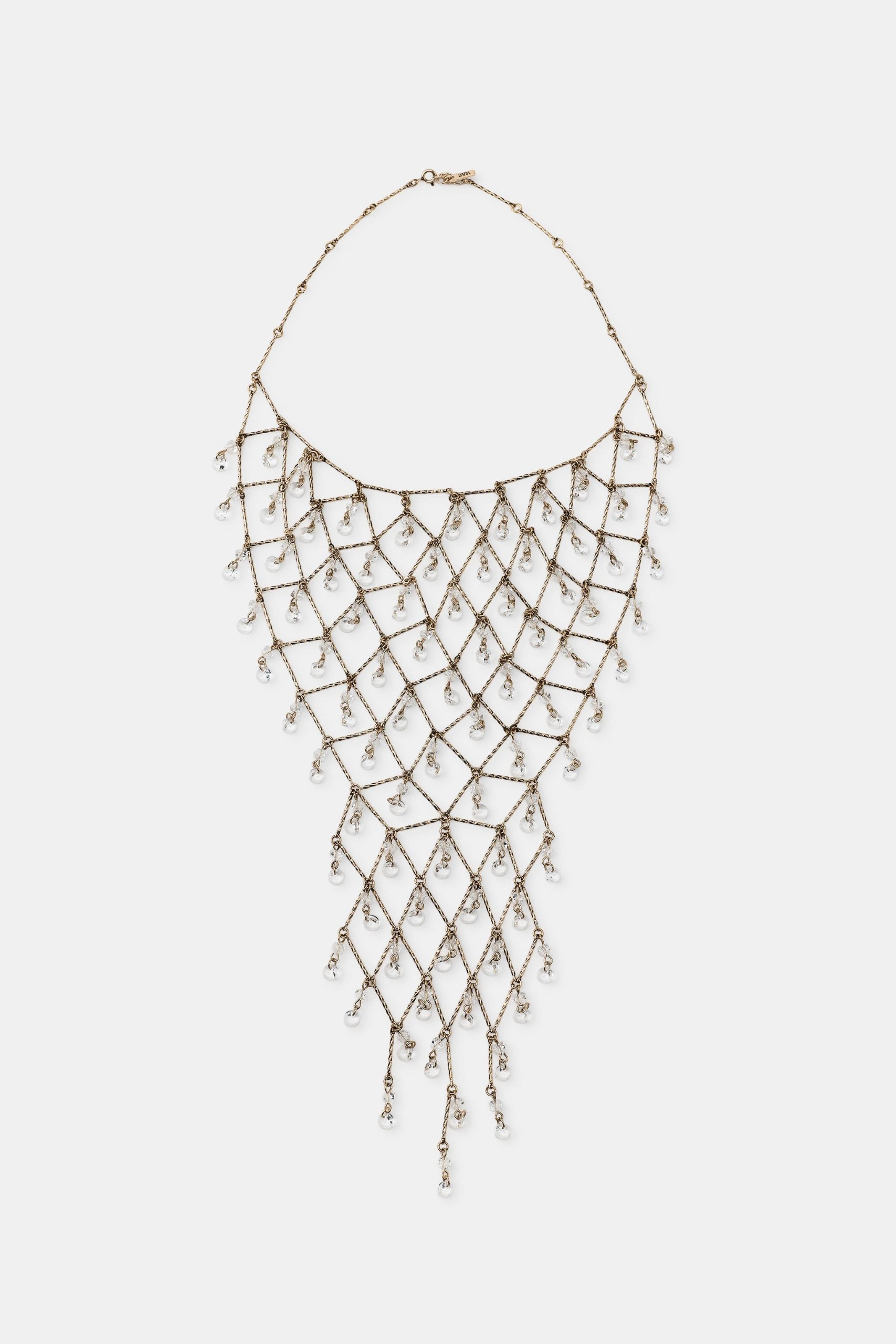 ZARA, Metallic Jewel Bib Necklace - Golden - M