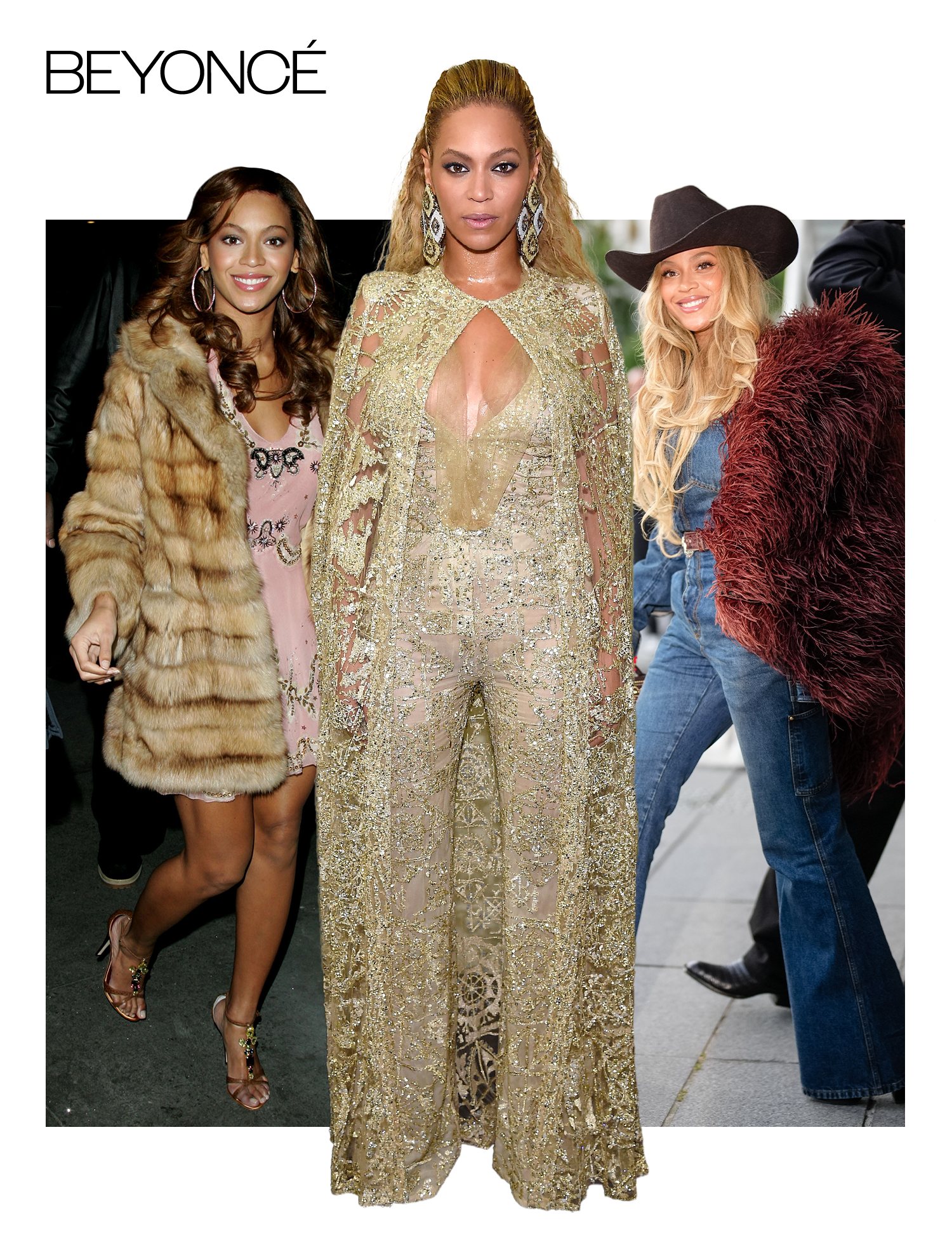 A collage of Beyonc&eacute; photos that show her style