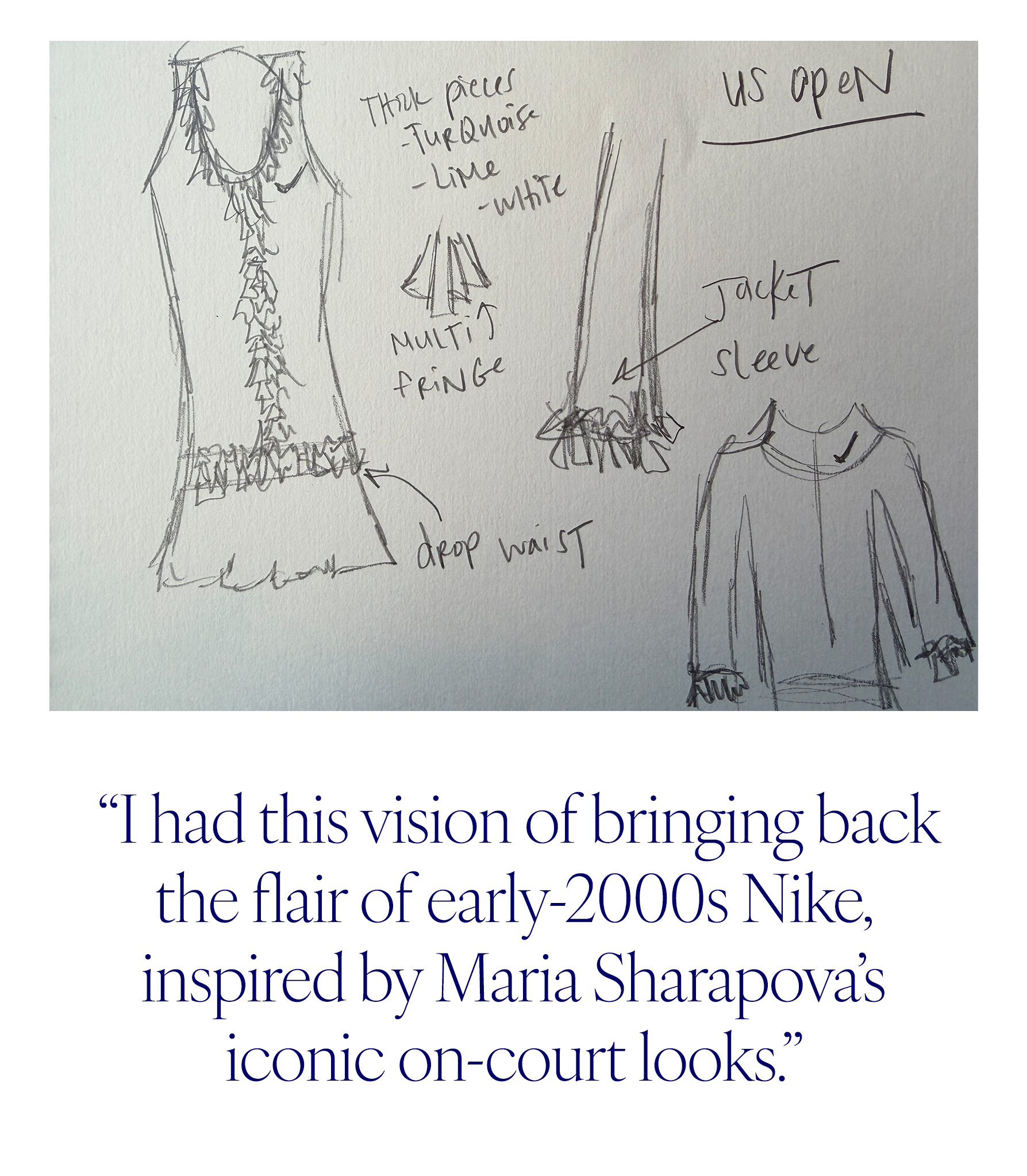 A drawing of the custom look Claudia Li Johnson wore to play tennis at the USTA Pro-Am during the US Open. Her quote reads, 