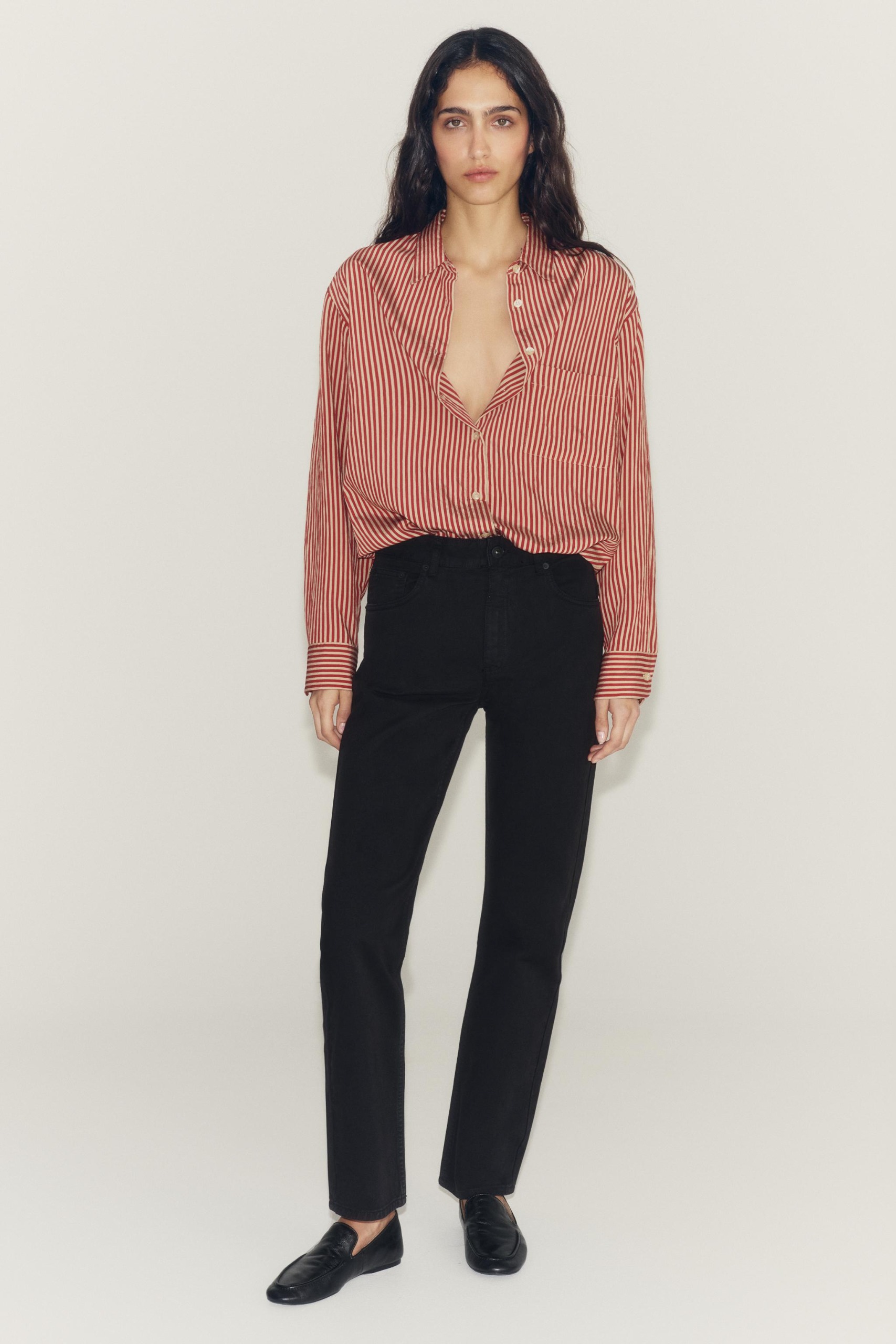 Zw Collection Striped Pocket Shirt - Ecru / Red - Xs