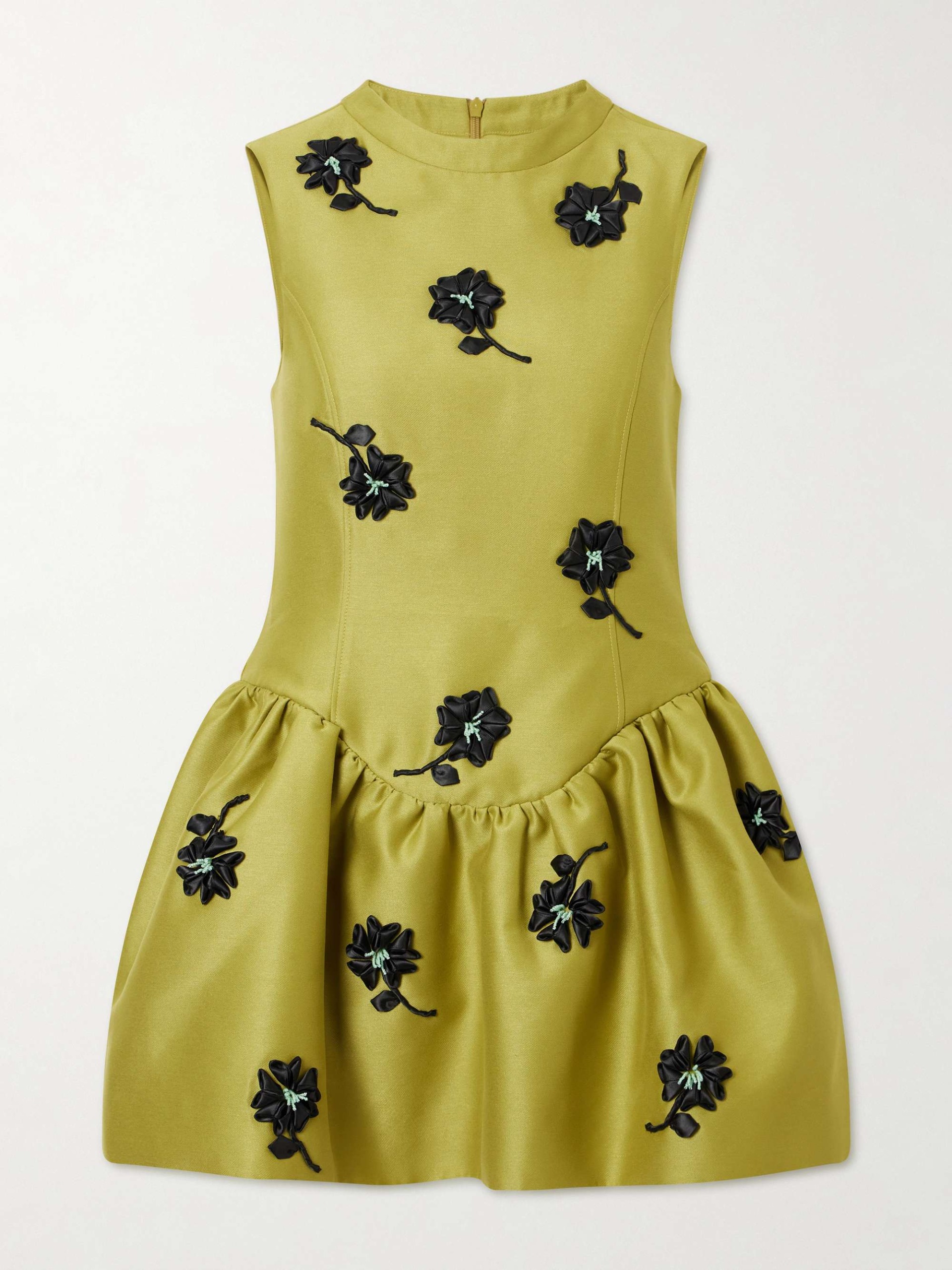 Floral-Appliqu&eacute; Gathered Satin Mini Dress