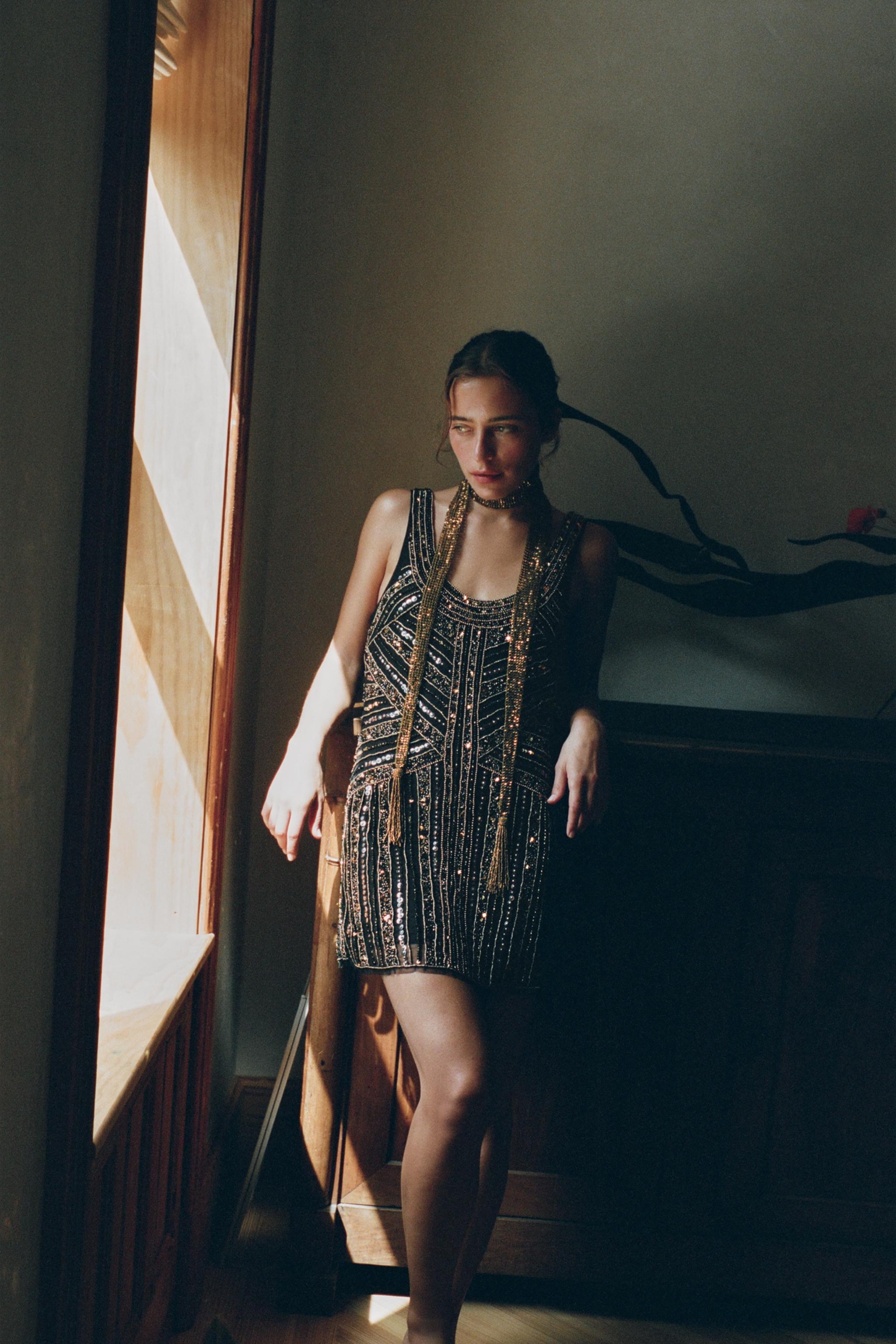 Beaded Mini Dress - Black - S