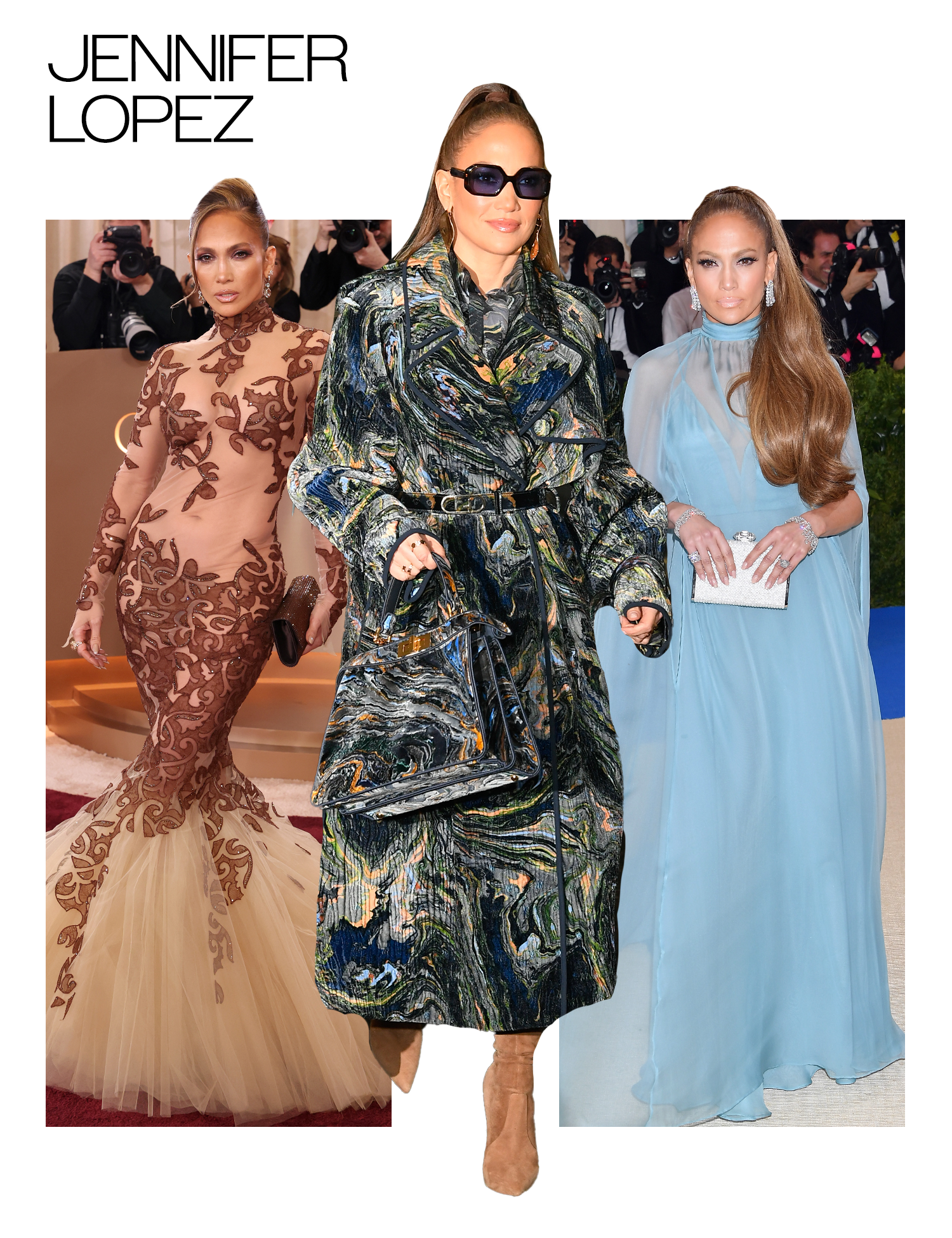 Collage of Jennifer Lopez photos that display her style