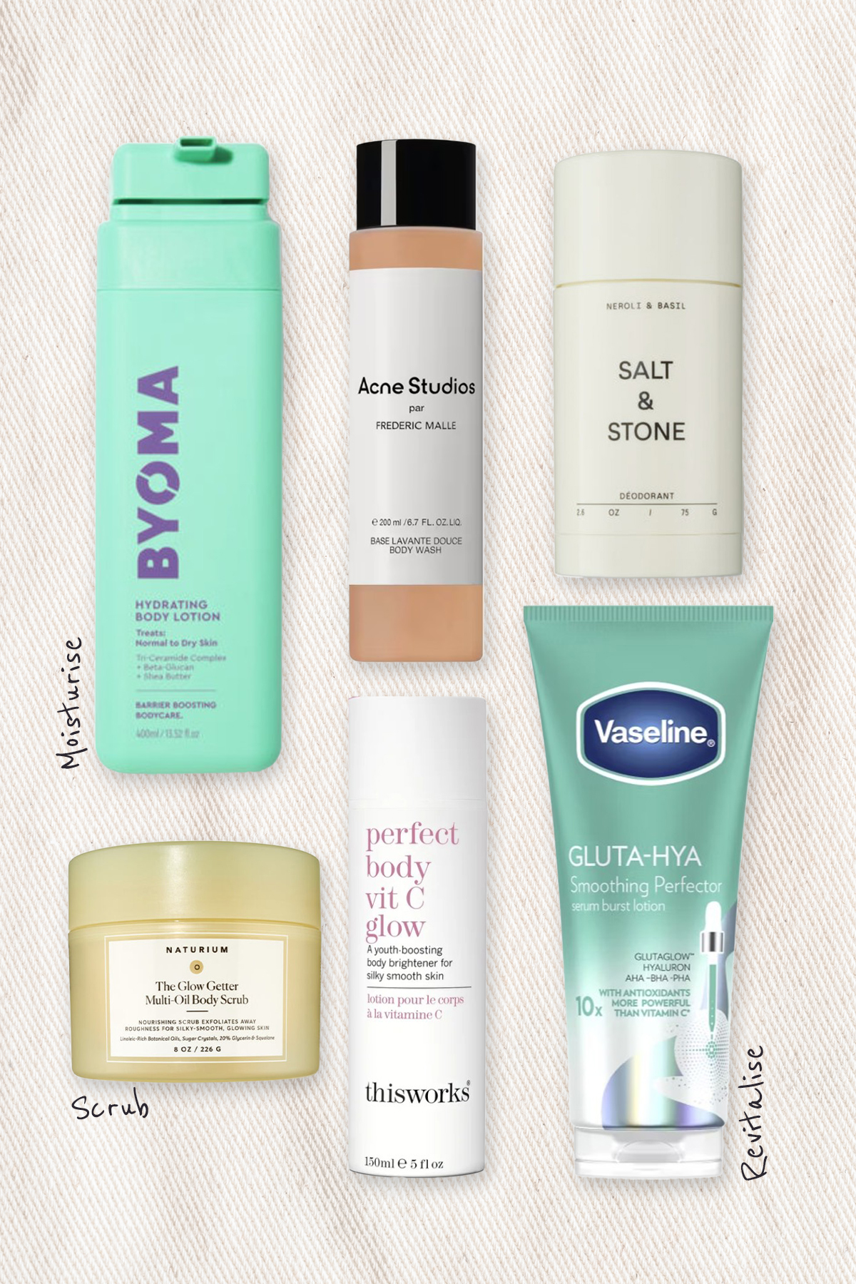 A collage of beauty products from Byoma, Acne Studios, Salt & Stone, Naturium, This Works and Vaseline