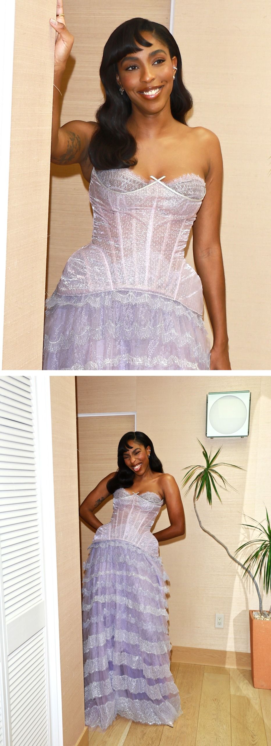 Top: Jessica Williams smiling in her strapless Honor gown. Bottom: Williams cheeses for the camera in her lavender and lace strapless custom Honor gown.