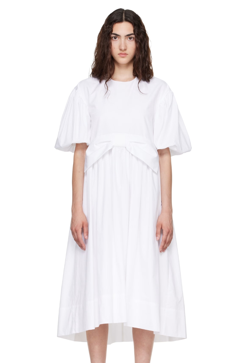 Simone Rocha, White Puff Sleeve Gathered Bow Smock Midi Dress