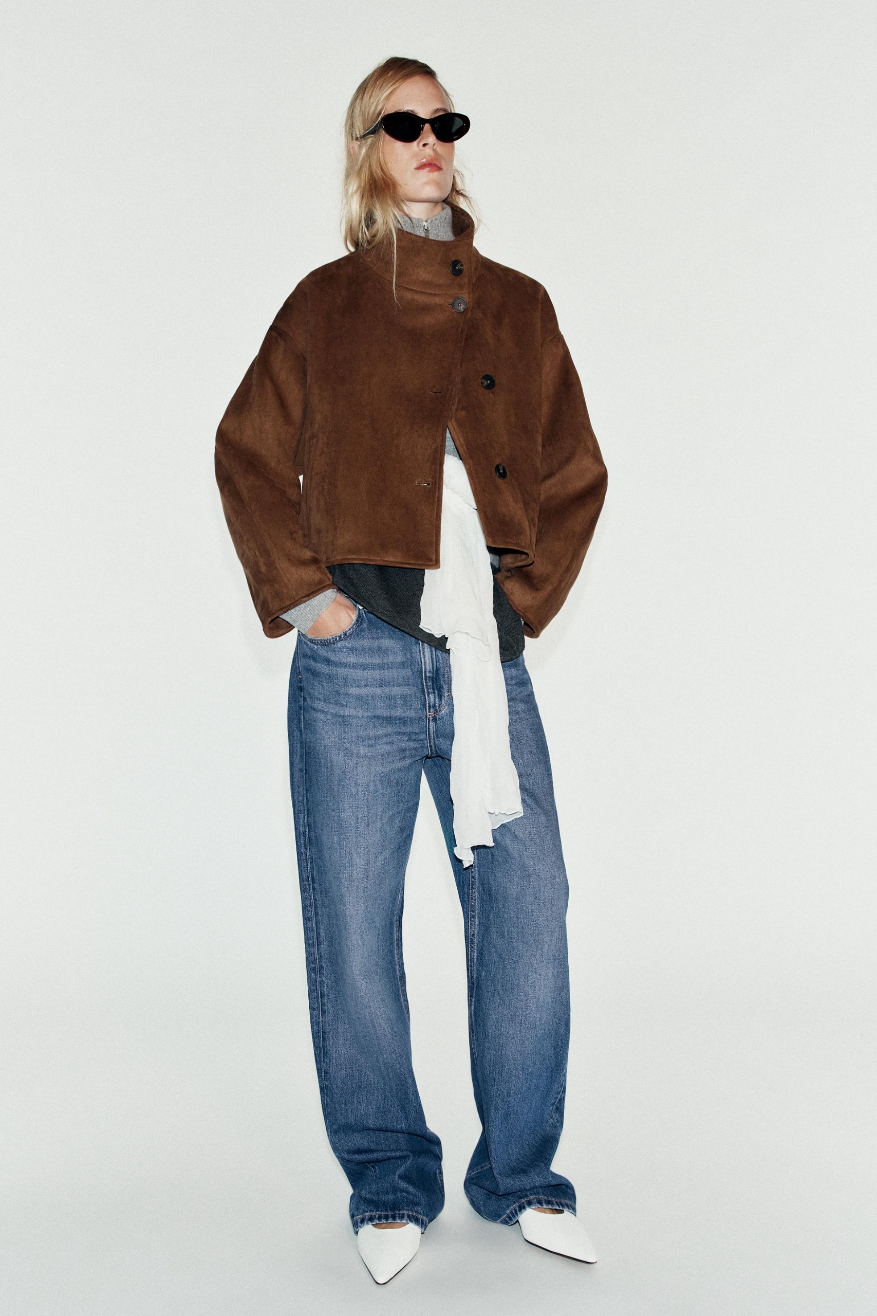 Cropped Faux Suede Jacket - Brown - Xs