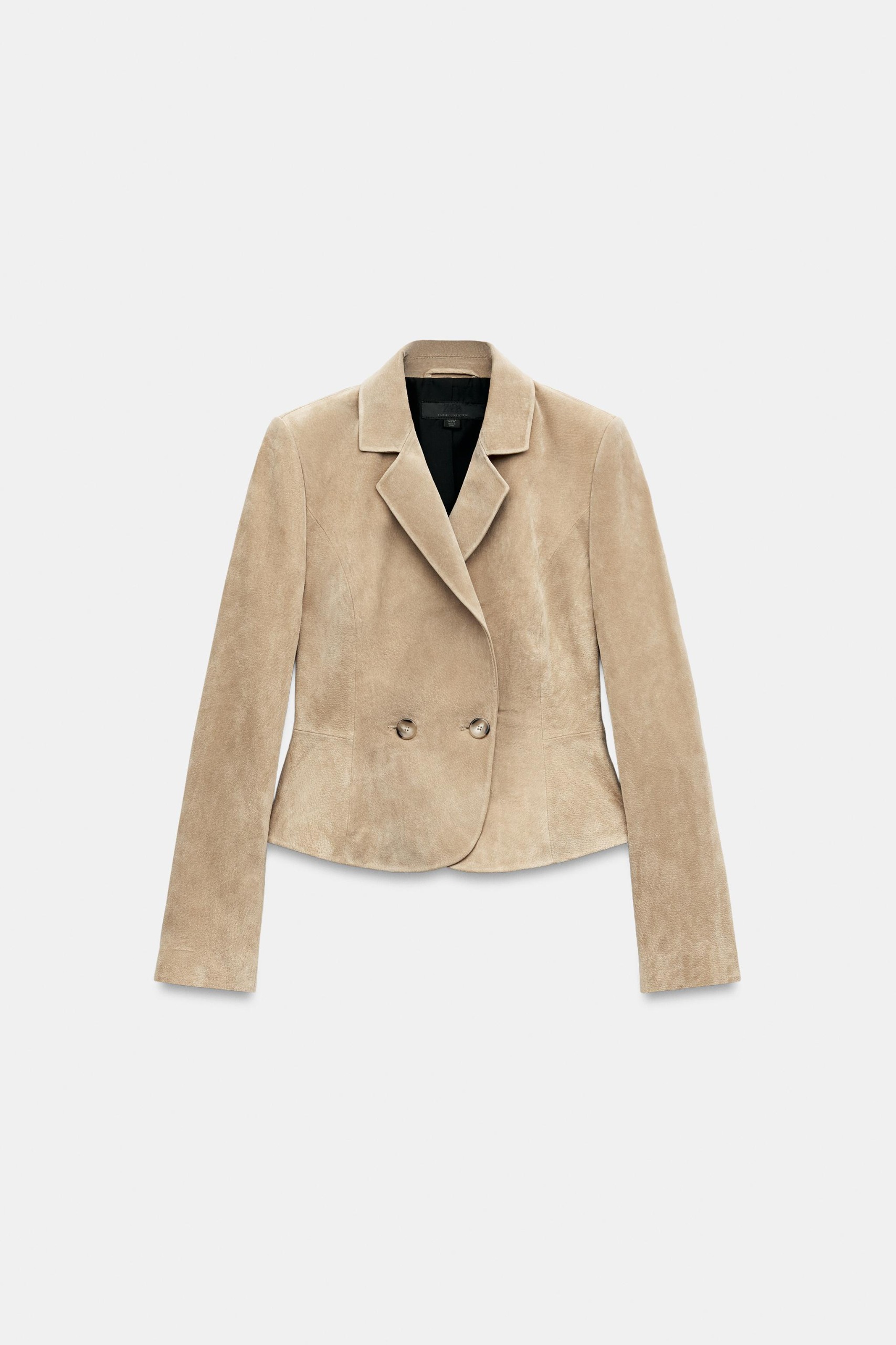 100% Leather Cropped Blazer With Shoulder Pads - Sand - Xs